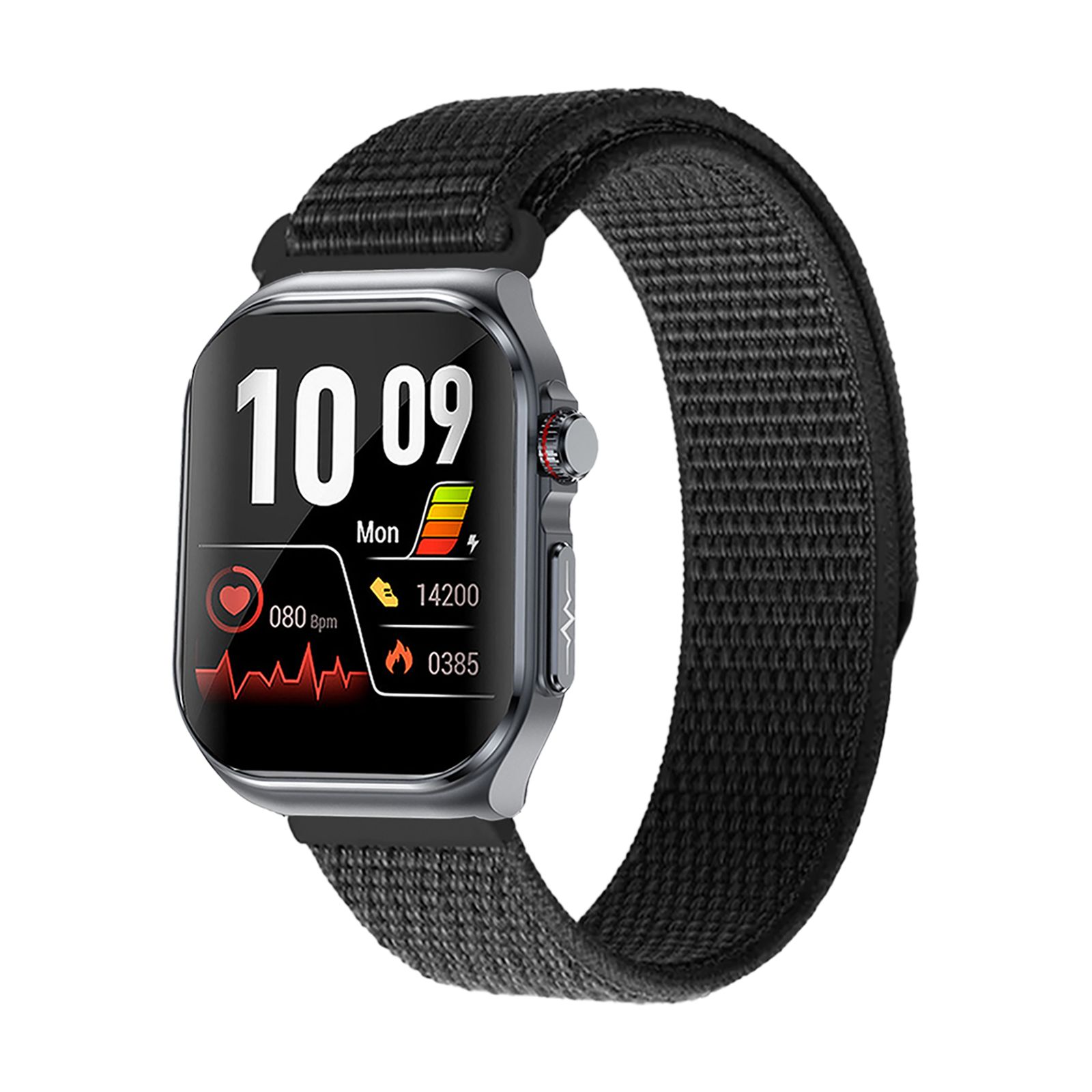 Smartwatch mit schwarzem Textilarmband. Das Display zeigt Uhrzeit, Datum, Herzfrequenz und Kalorien an.