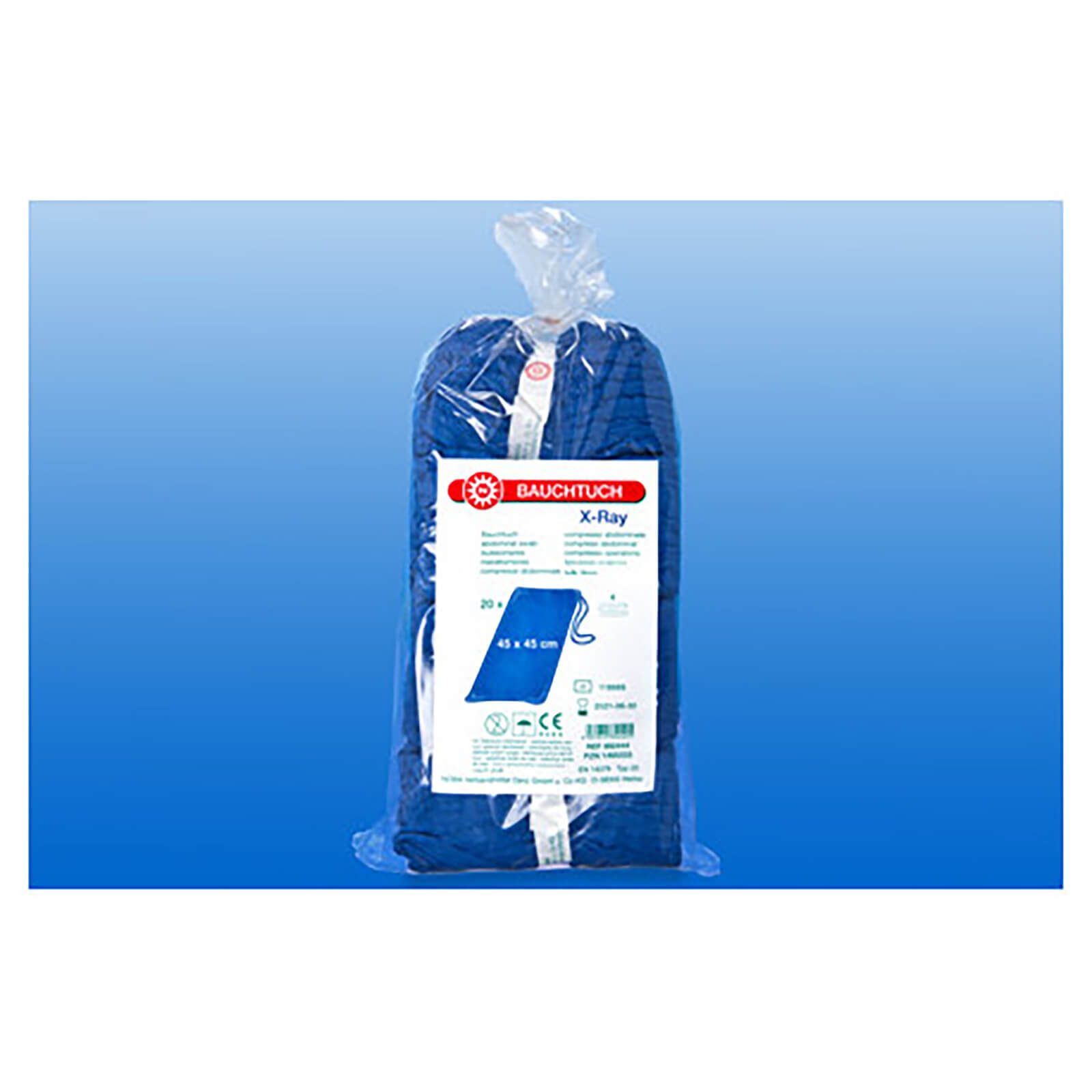 Blaues Bauchtuch in transparenter Verpackung. Aufdruck mit Produktinformationen. Größe: 45 cm x 45 cm. 20 Stück.