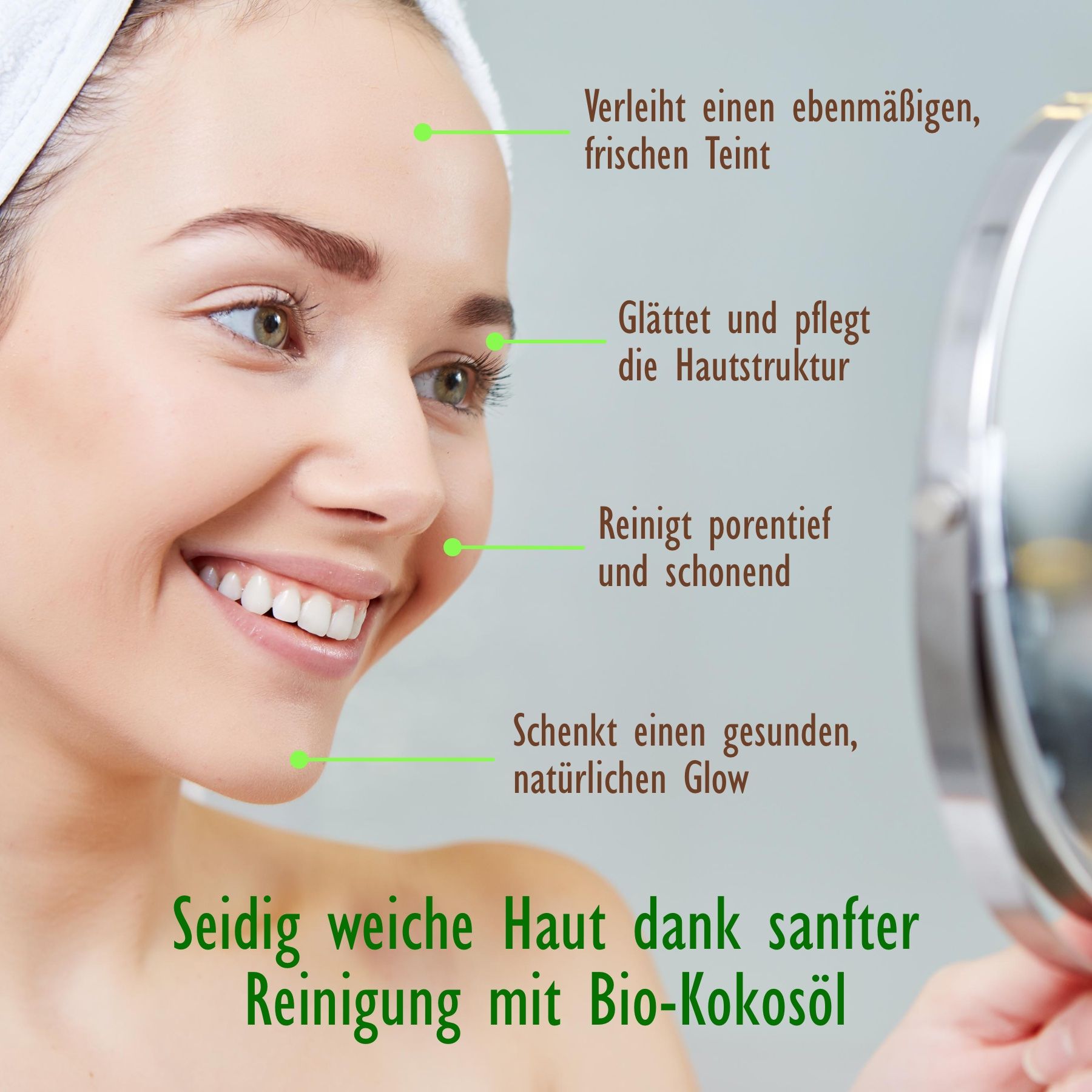 Frau mit Spiegel. Text: Seidig weiche Haut dank sanfter Reinigung mit Bio-Kokosöl. Gesichtspflege.