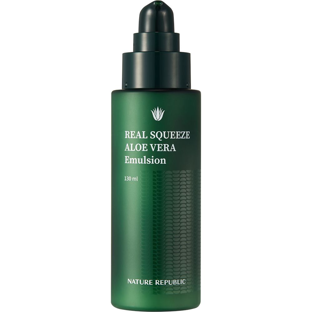 Grüne Flasche mit Aufschrift: REAL SQUEEZE ALOE VERA Emulsion. Marke: NATURE REPUBLIC. Mit Dosierpumpe.
