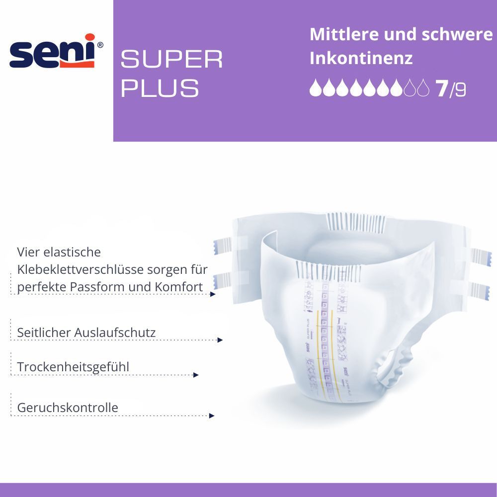 Inkontinenzhose Super Seni Plus. Produktmerkmale: elastische Verschlüsse, Auslaufschutz, Trockenheitsgefühl, Geruchskontrolle.