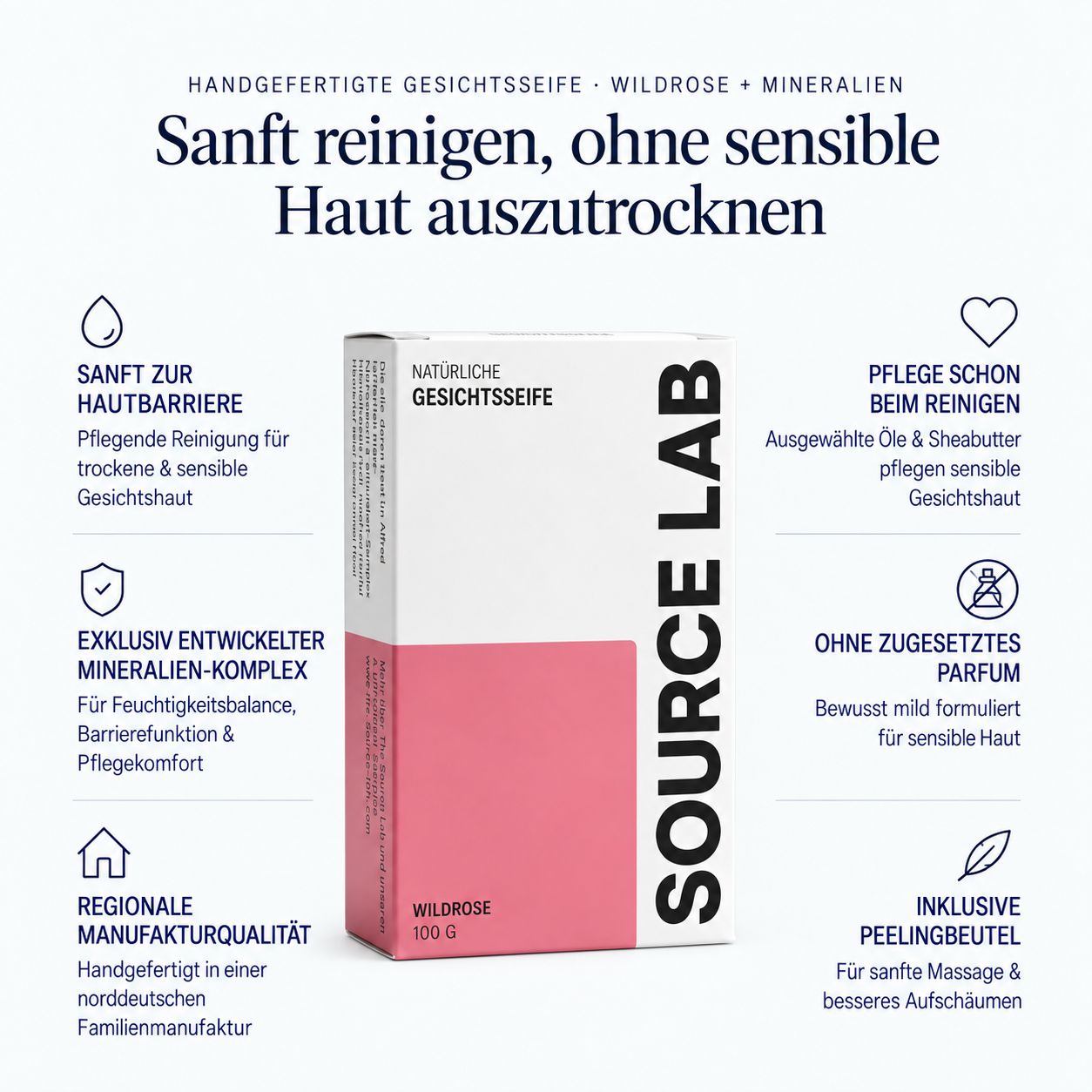 Verpackung der SOURCE LAB Gesichtsseife Wildrose, 100g. Sanft reinigen ohne Austrocknen.