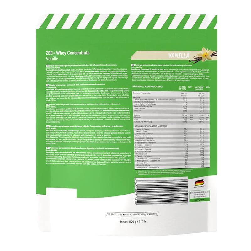 Rückseite der ZEC+ Whey Concentrate Vanille Verpackung. Text mit Nährwertangaben und Inhaltsstoffen. Enthält das deutsche Qualitätssiegel.