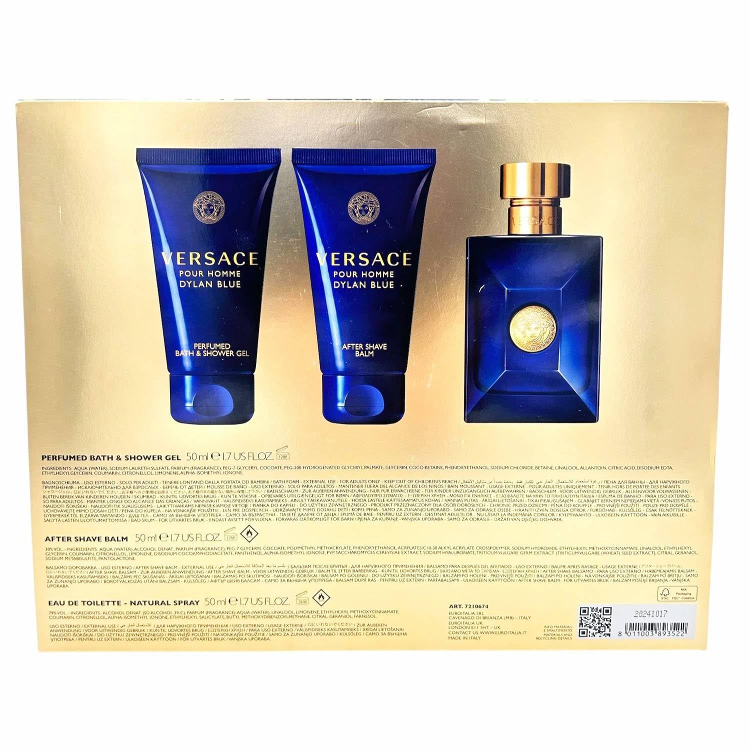 Geschenkset mit blauen Tuben und Flasche. Auf der Rückseite sind Informationen und Logos abgebildet.