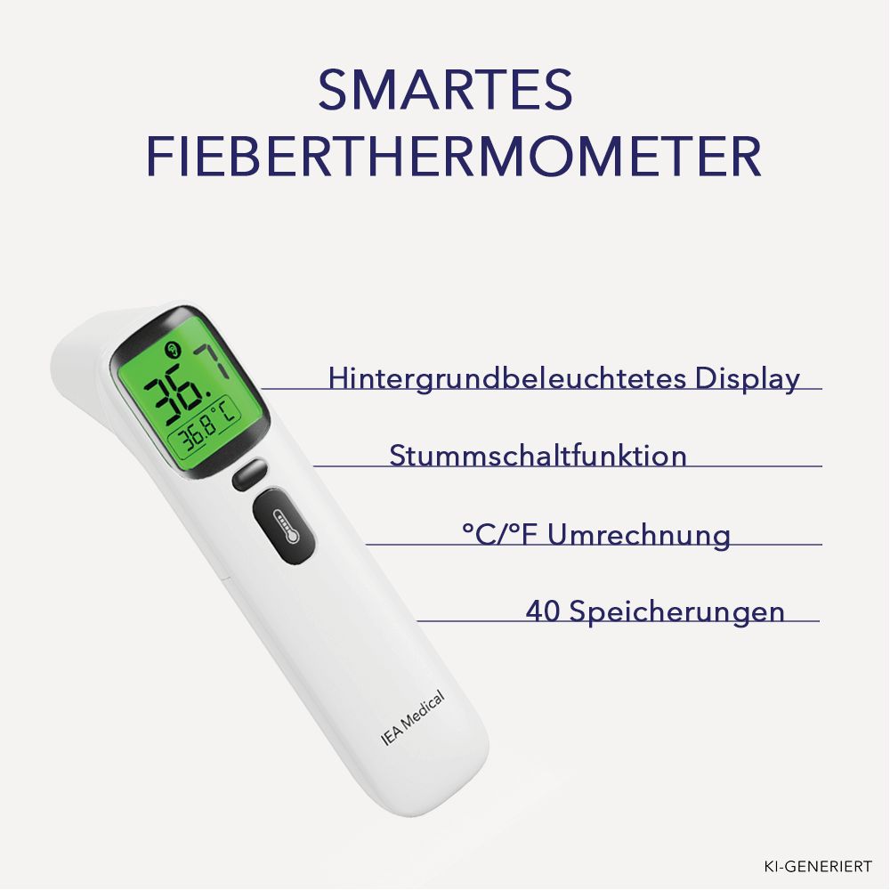 Digitales Fieberthermometer mit grünem Display, Beschriftungen: beleuchtetes Display, Stummschaltung, °C/°F, 40 Speicher.