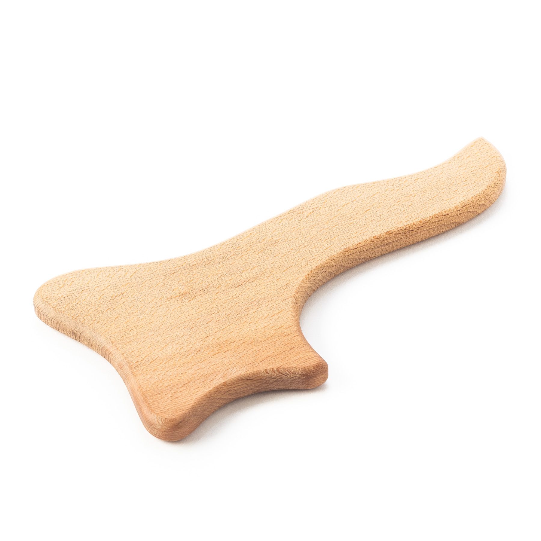 Holz-Massagegerät, hellbraun, ergonomische Form.