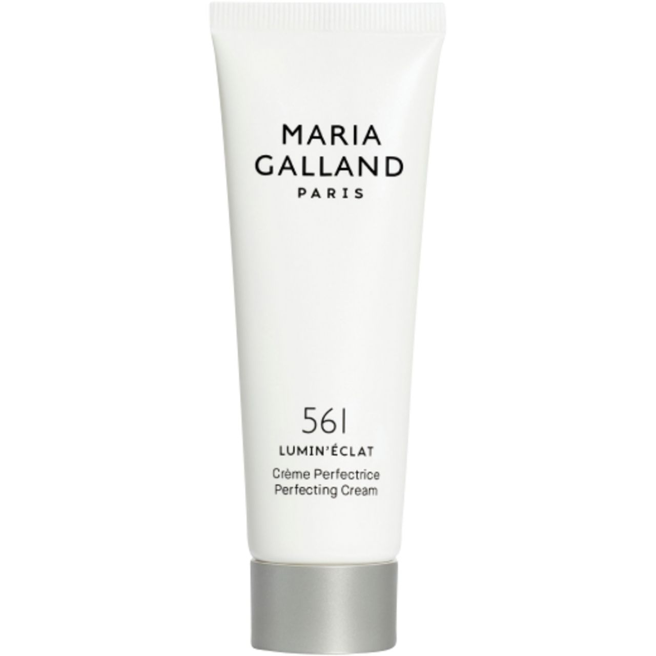 Weiße Tube mit silbernem Deckel. Schriftzug Maria Galland Paris, 561 LUMIN'ÉCLAT Perfecting Cream.
