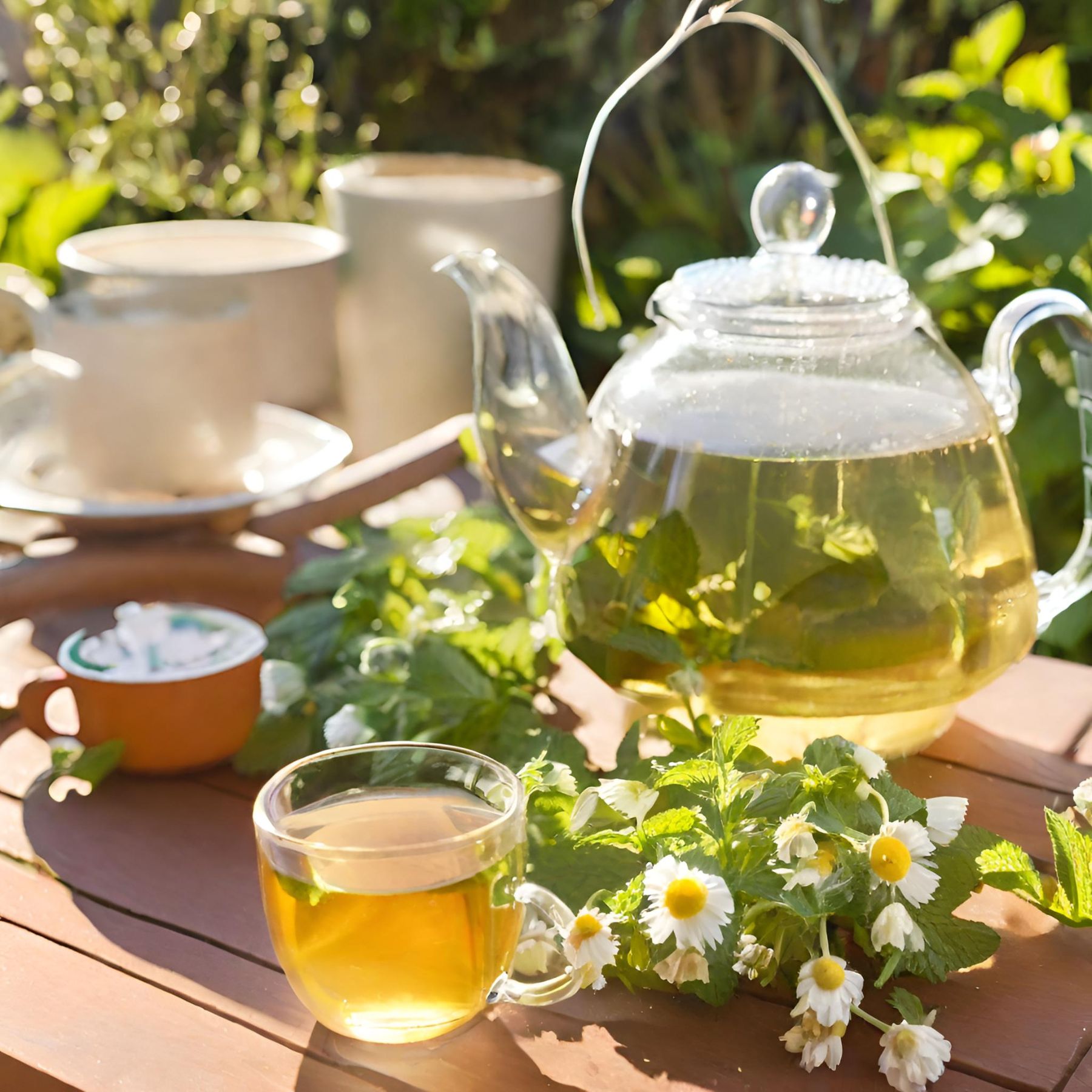 Glas-Teekanne und Tasse mit Kräutertee. Kräuter und Blüten dekorieren den Tisch. Im Hintergrund weitere Tassen.