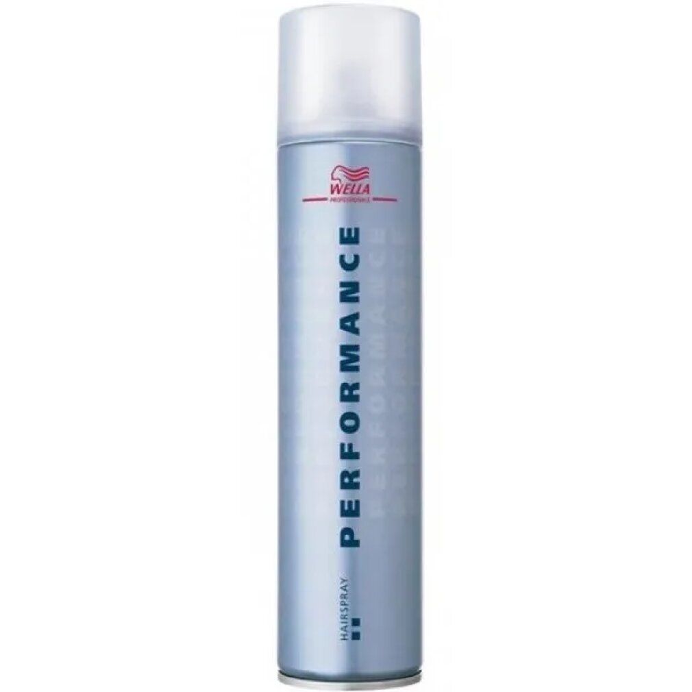 Haarspray-Dose mit blauem Etikett. Oben weißer Sprühkopf. Aufschrift: PERFORMANCE, HAISPRAY, WELL.