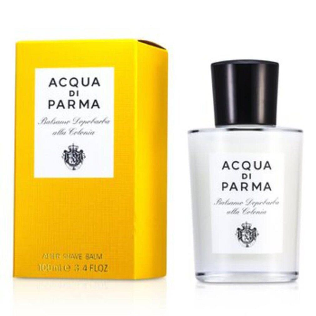 Flakon und Verpackung. Aufschrift: Acqua Di Parma, Balsamo Dopobarba alla Colonia. Gelbe Verpackung.