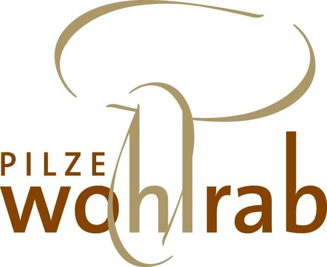 Logo Pilze Wohlrab. Braune Schrift auf weißem Hintergrund. Pilz-Illustration.