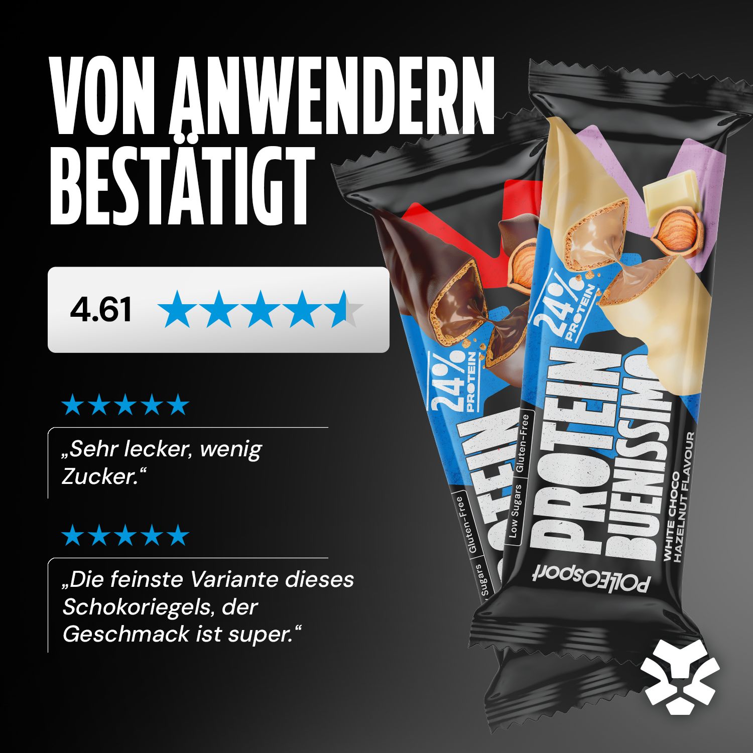 Protein Buenissimo Riegel, White Choco Hazelnut Flavour. Verpackung mit 24% Protein, glutenfrei und wenig Zucker.