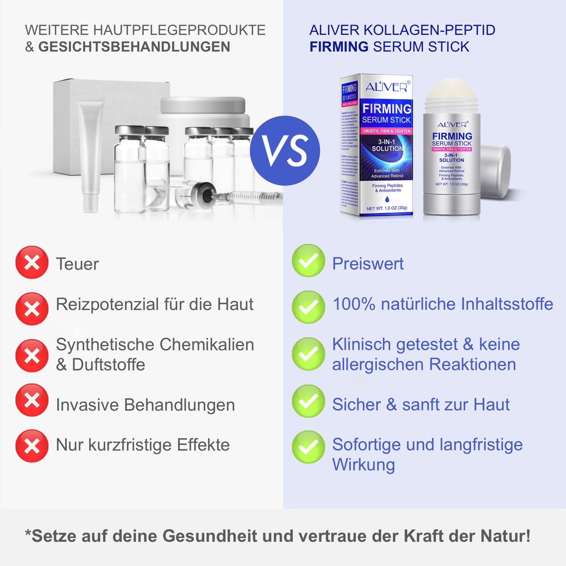 Vergleich: ALIVER Firming Serum Stick vs. andere Hautpflegeprodukte. Vorteile: preiswert, natürlich, klinisch getestet, sicher.