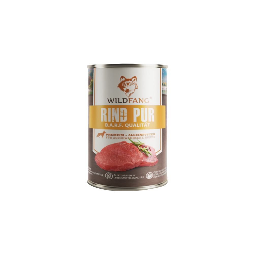 Dose Wildfang Rind Pur, B.A.R.F. Qualität. Rindfleisch und Produktinformationen. Auf weißem Hintergrund.