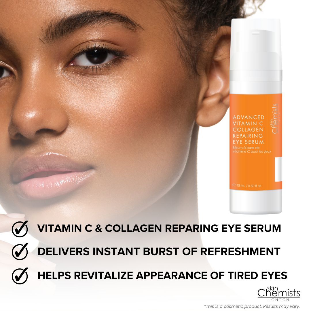 Produkt neben Gesicht einer Frau. Aufschrift: Advanced Vitamin C Collagen Repairing Eye Serum. Vorteile: Vitamin C, erfrischt, revitalisiert.