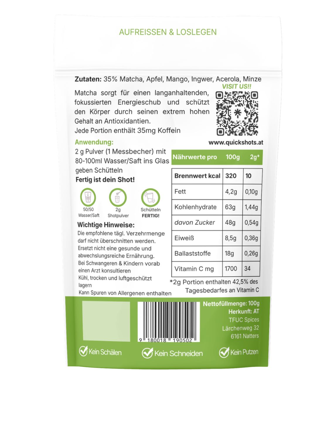 Quickshots Fresh Matcha Kick Beutel mit 50 Portionen, veganes Superfood-Pulver für Energie.