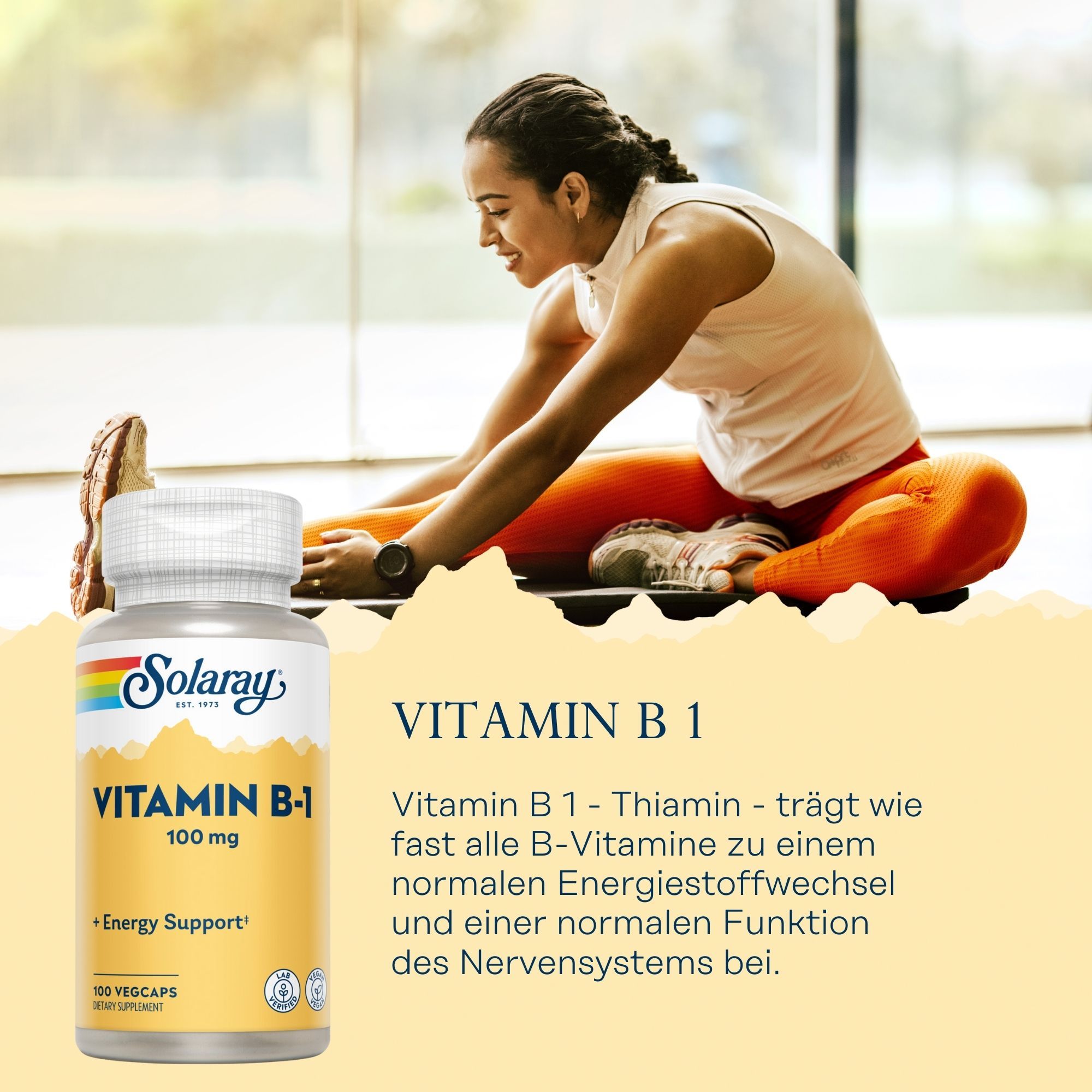Kapsel-Dose Solaray Vitamin B-1 100 mg. Frau beim Dehnen. Text: Vitamin B1, Energie Support.