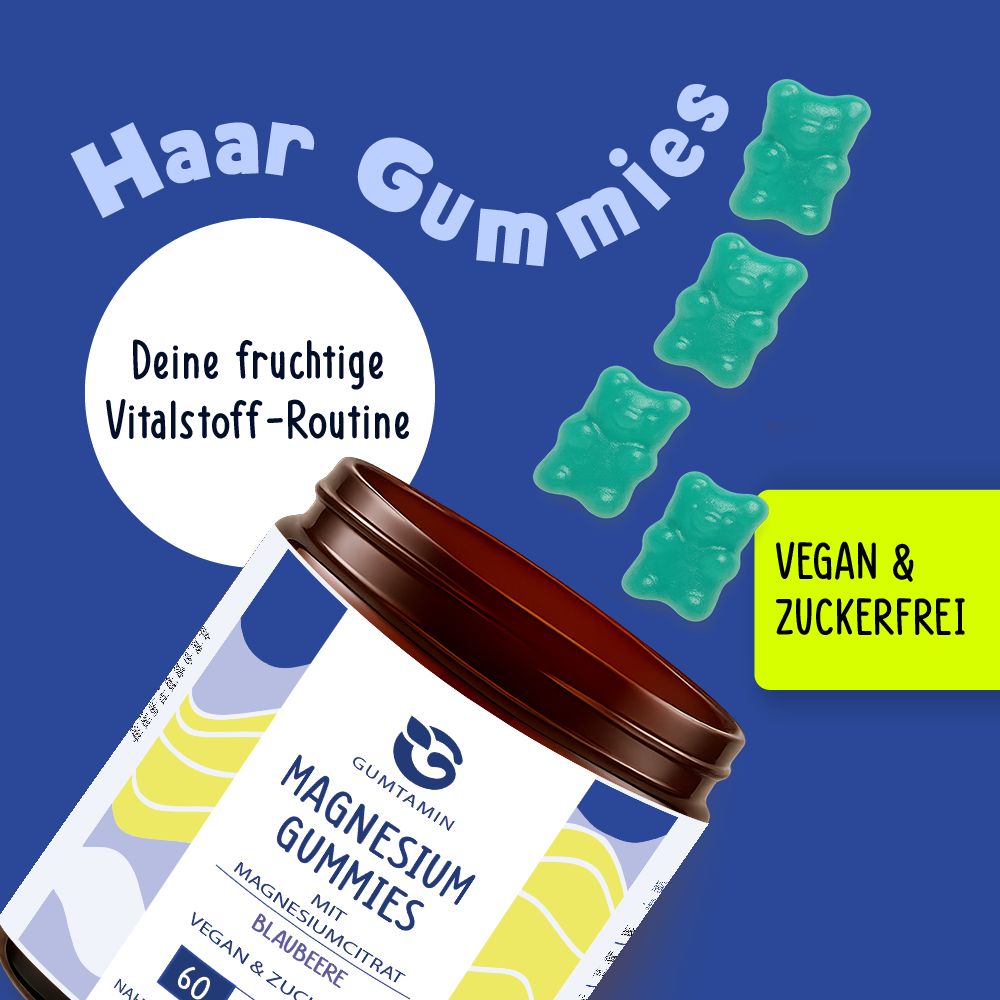 Geöffnete Dose "GUMTAMIN Magnesium Gummies". Blaubeere, vegan & zuckerfrei. 60 Gummies. Blaue Gummibärchen fliegen herum.
