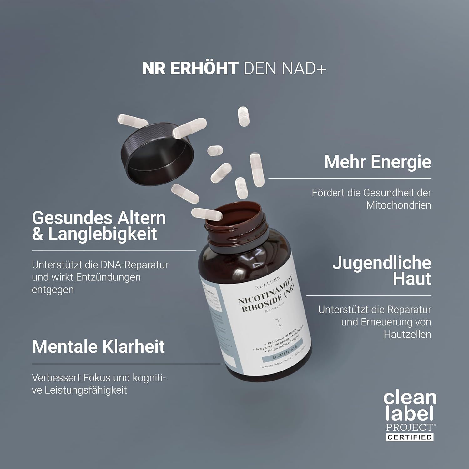 Geöffnete Flasche mit Kapseln. Text: NR erhöht den NAD+. Mehr Energie, gesunde Haut, mentale Klarheit. Clean Label Project Certified.