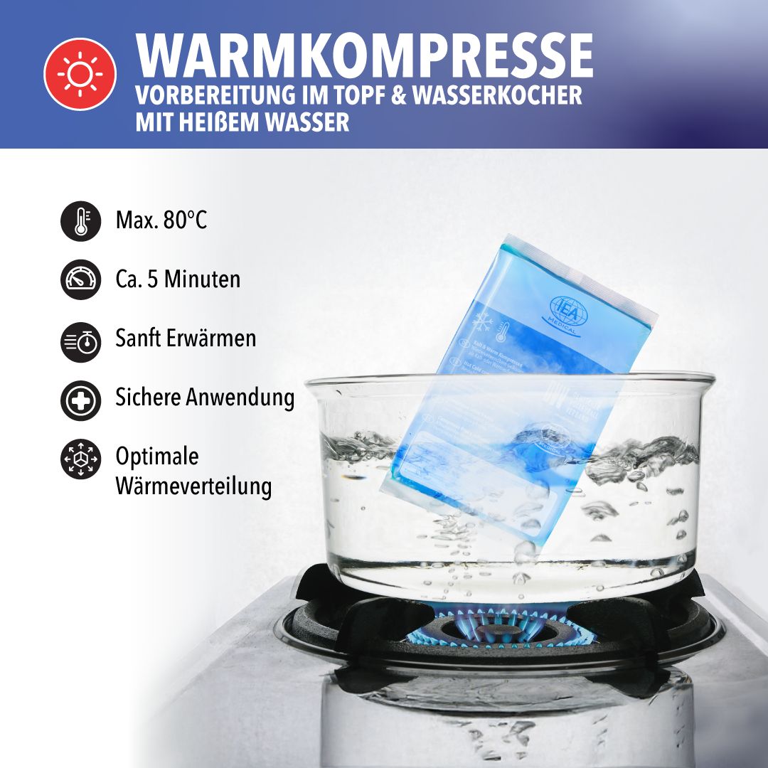 Kompresse in heißem Wasser. Text: Warmkompresse, max. 80°C, ca. 5 Minuten, sichere Anwendung, optimale Wärmeverteilung.