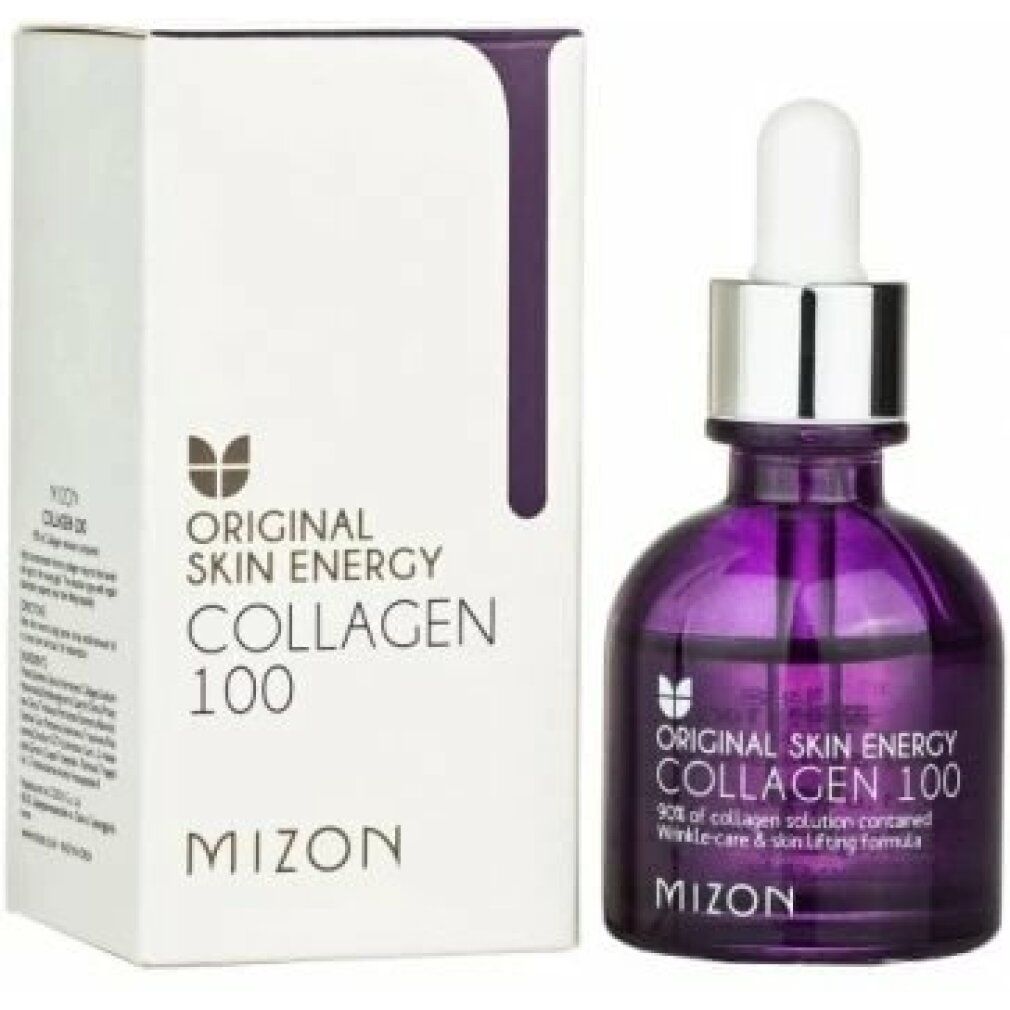 Violette Flasche und Verpackung. Aufschrift: Original Skin Energy Collagen 100, Mizon. Verpackung links.