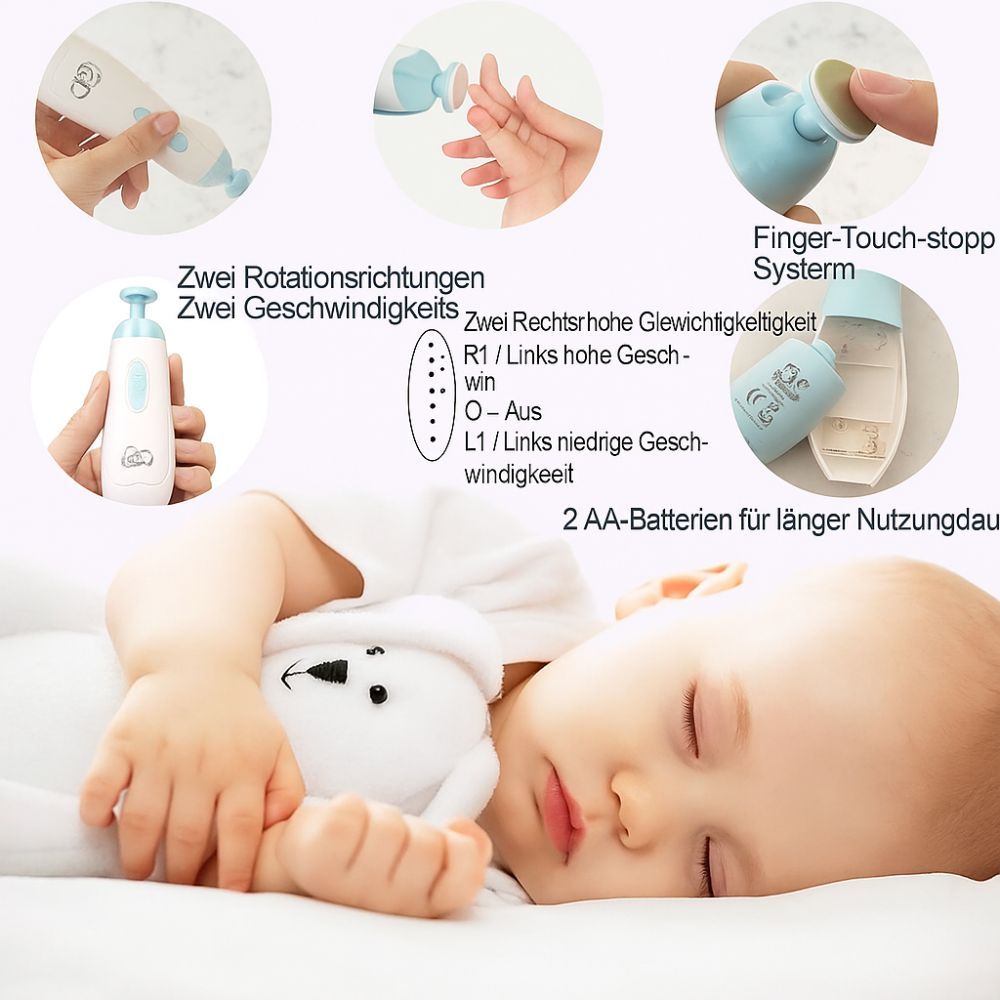 Baby liegt. Nagelpflegeset mit elektrischer Feile und Aufsätzen. Bedienungsanleitung und Funktionen werden gezeigt.