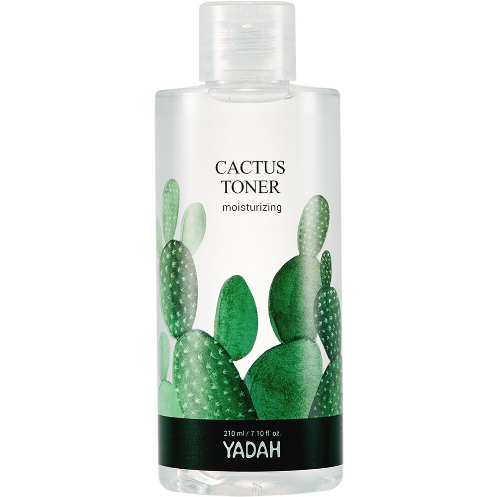 Transparente Flasche mit grünem Etikett. Aufschrift: Cactus Toner, YADAH. Abbildung von Kakteen. Deckel aus transparentem Kunststoff.