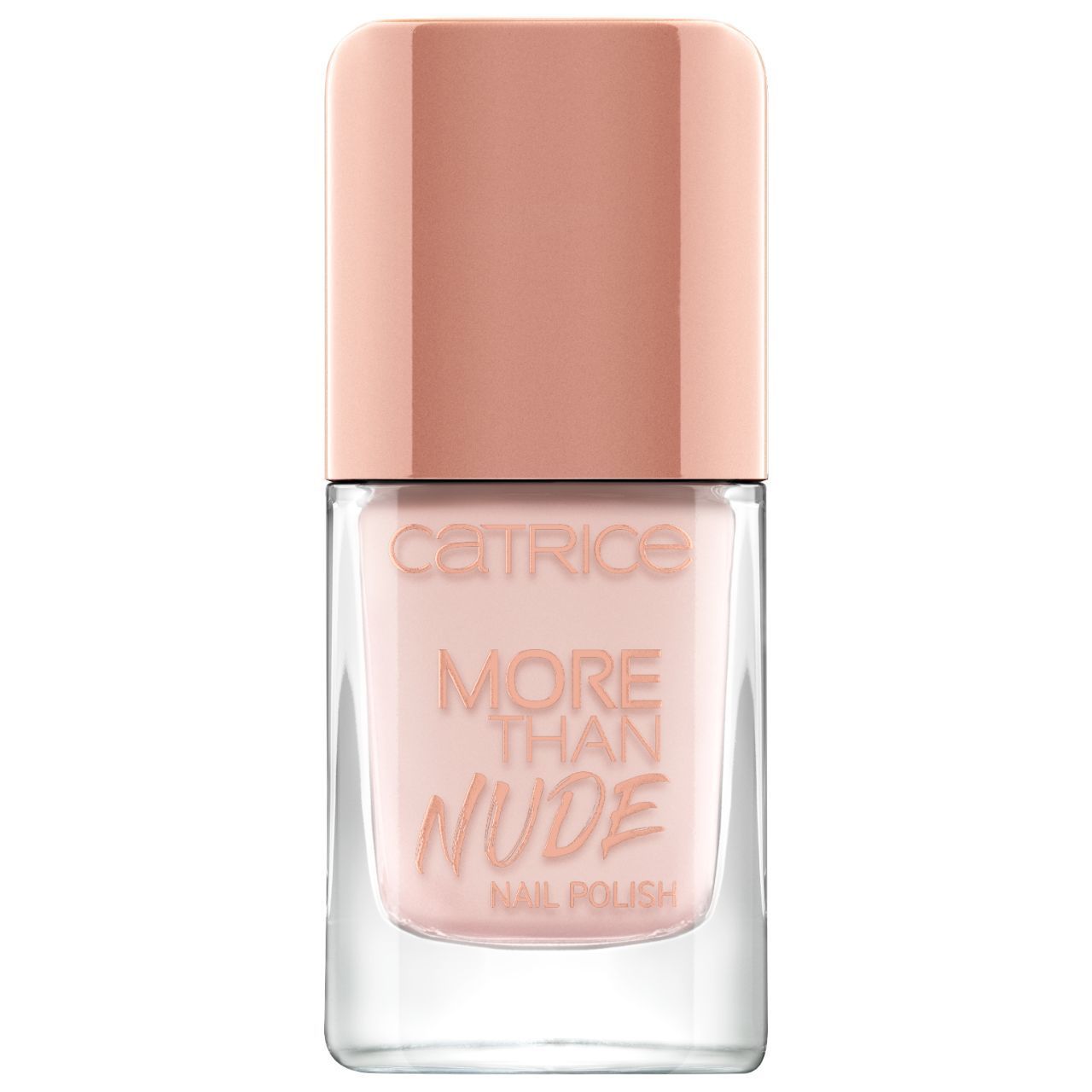 Nagellackflasche mit rosafarbenem Inhalt und Deckel. Aufschrift "Catrice More Than Nude Nail Polish".