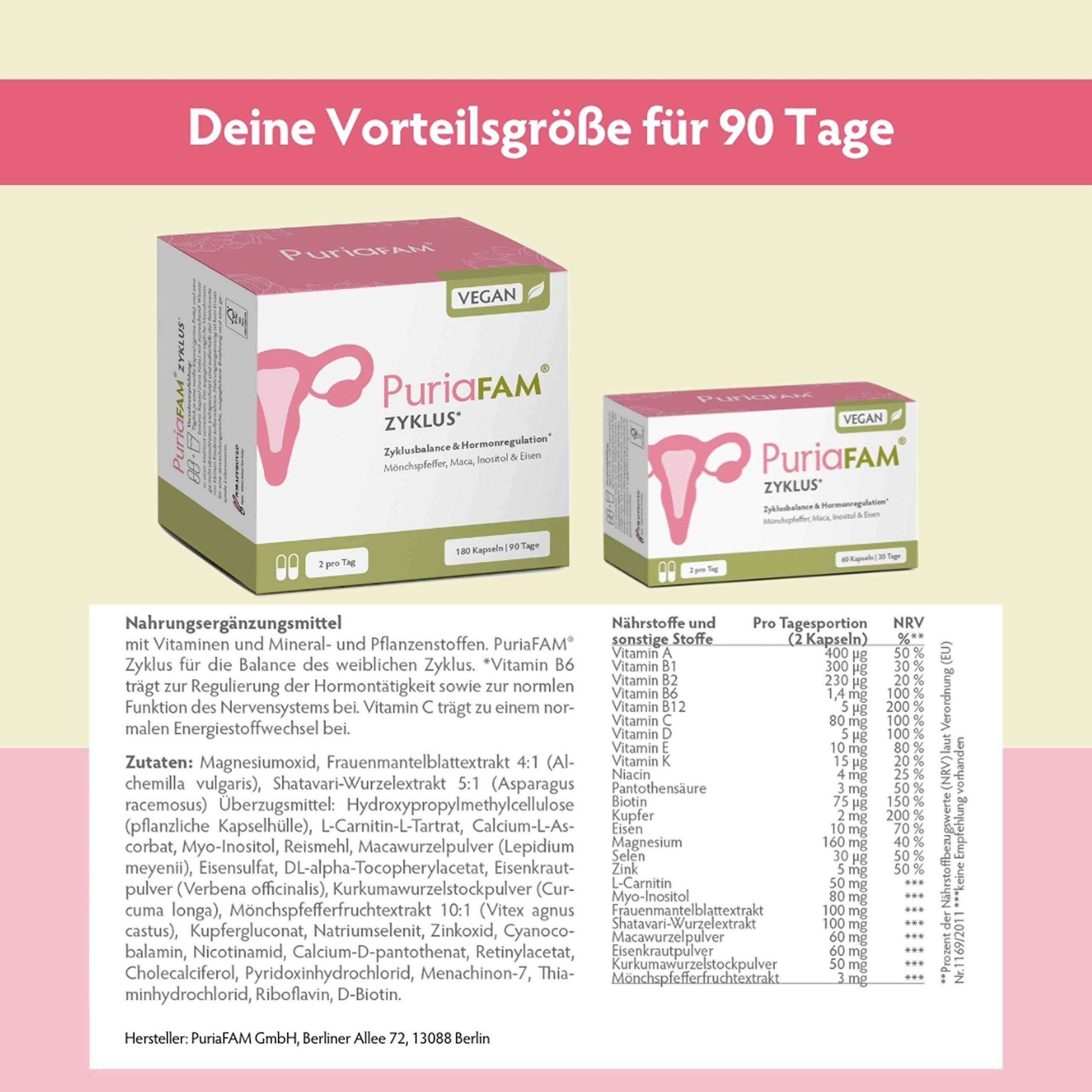 Zwei Produktboxen mit PuriaFAM Zyklus. Text: Deine Vorteilgröße für 90 Tage. Inhaltsstoffe und Nährwerttabelle.