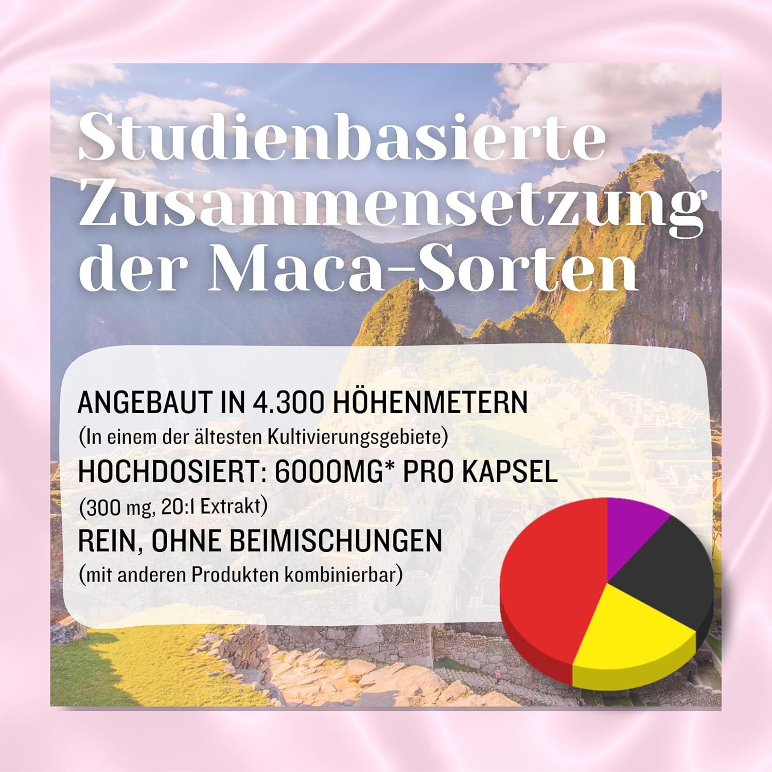 Text über die Zusammensetzung der Maca-Sorten. Diagramm. Hintergrund: Berglandschaft. Text: Hochdosiert.