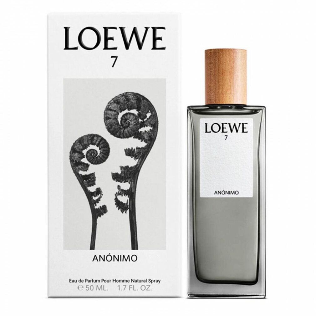 Flakon und Verpackung. Flakon mit Holzdeckel, Etikett "LOEWE 7 ANONIMO". Verpackung mit Farn-Illustration und Text.