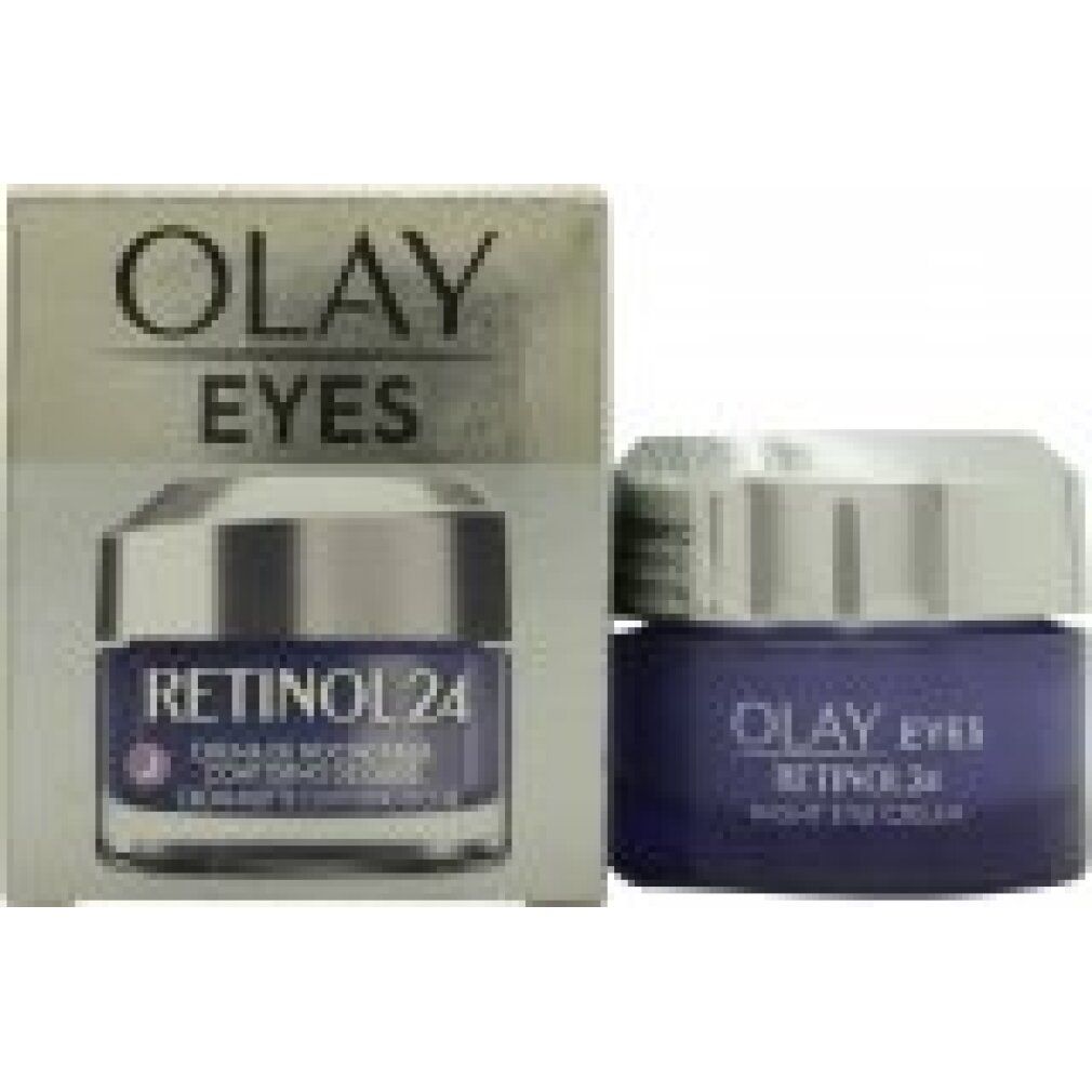 Olay Eyes Retinol24 Nacht Augencreme. Produkt und Verpackung nebeneinander. Blaue Creme im Glas mit silbernem Deckel. Text: Retinol 24.