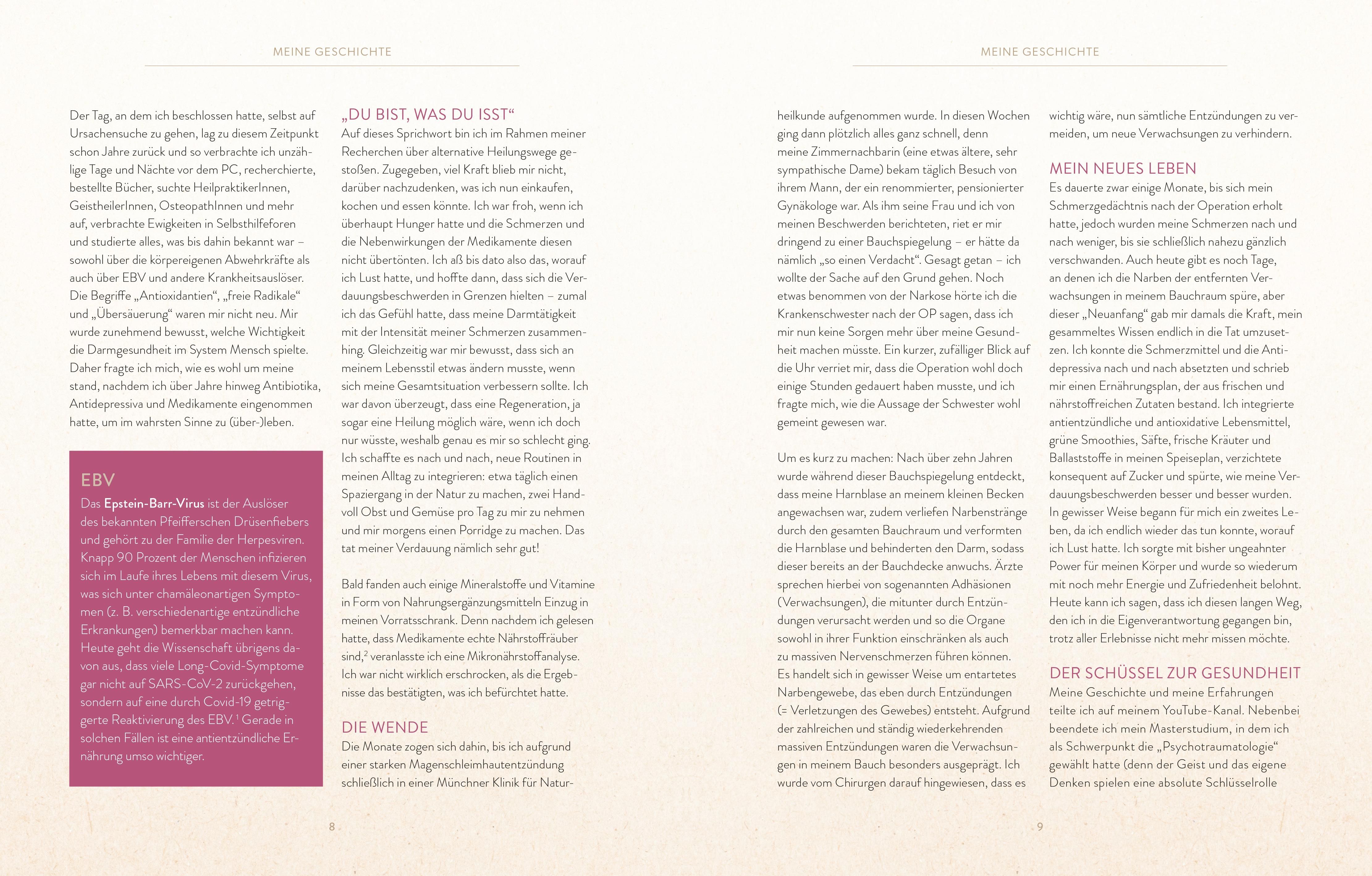 Buchseite mit Text. Überschrift: 'Mein neues Leben'. Text in deutscher Sprache. Rosa Hintergrund.