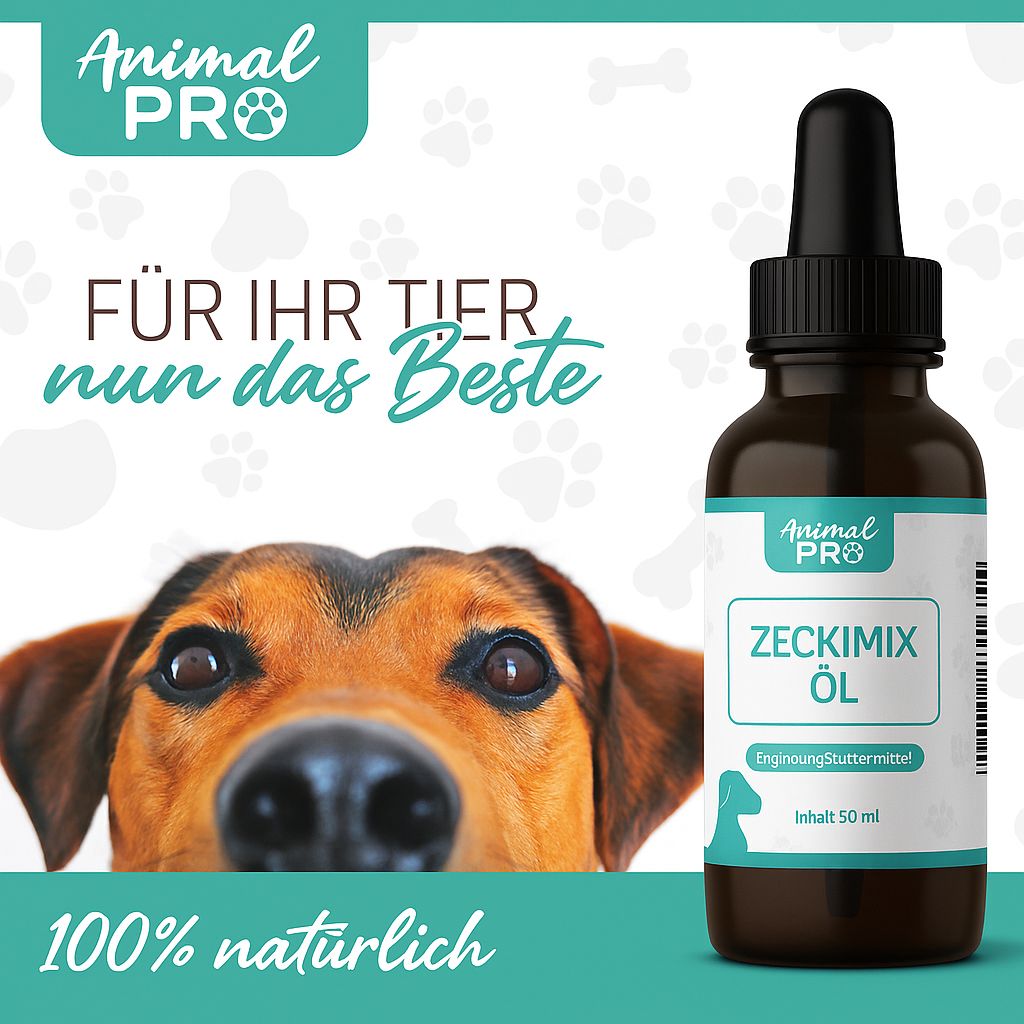 Braune Glasflasche mit schwarzem Tropfer. Etikett mit Produktnamen und Logo. Hund im Hintergrund.