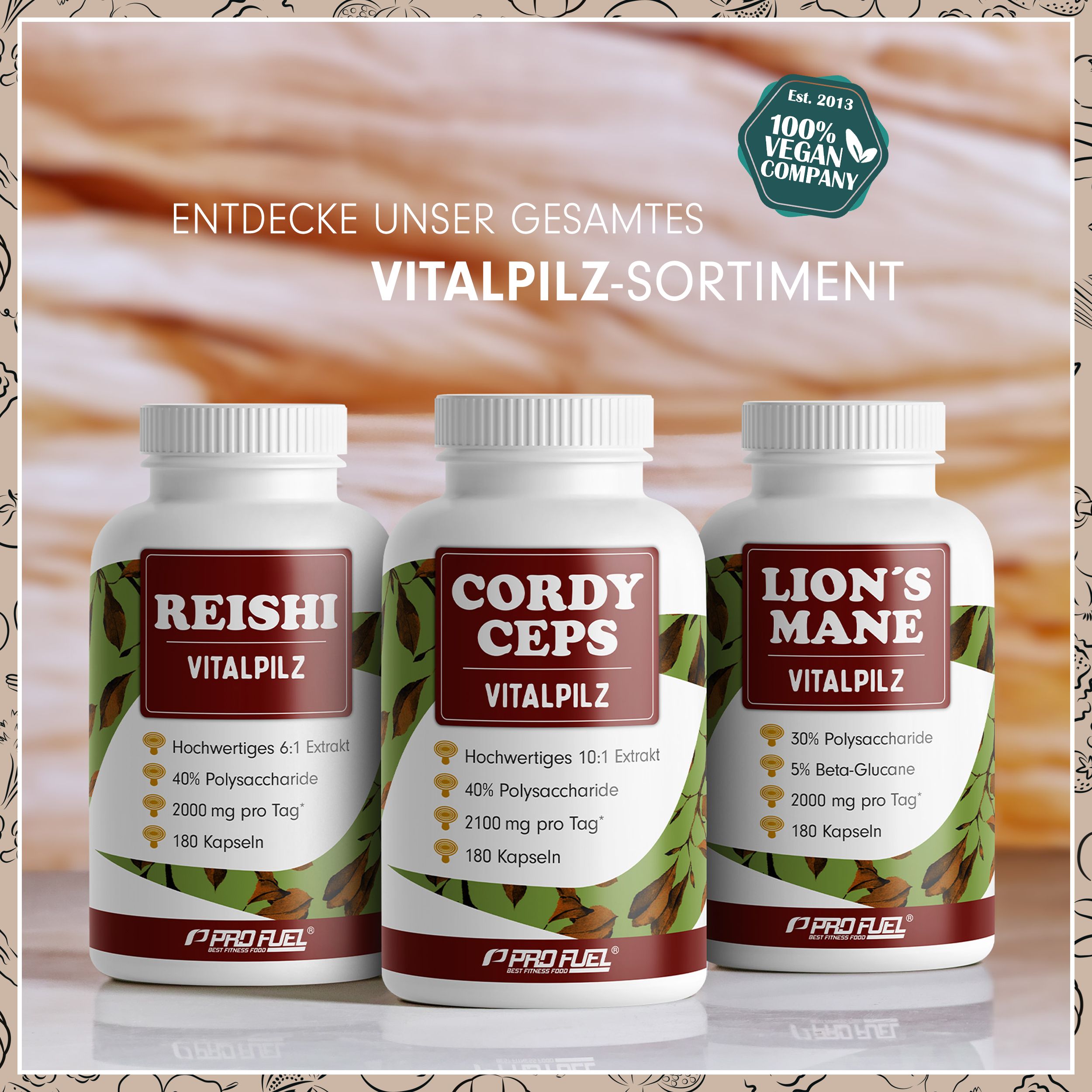 Drei Flaschen Vitalpilz. Reishi, Cordyceps und Lion's Mane. 180 Kapseln pro Flasche. 100% Vegan Company Logo.