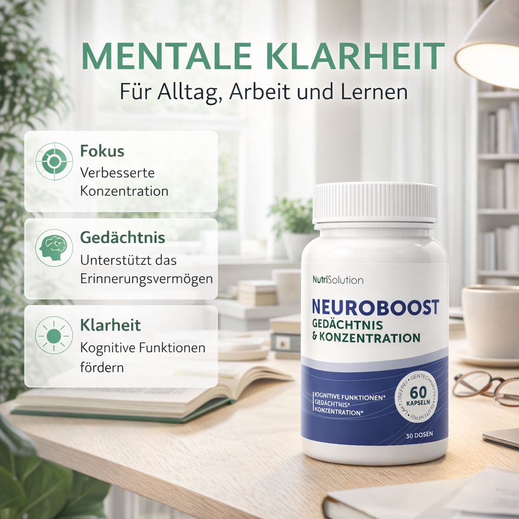 NutriSolution Neuro Boost Dose auf einem Schreibtisch, umgeben von Büchern und Pflanzen.