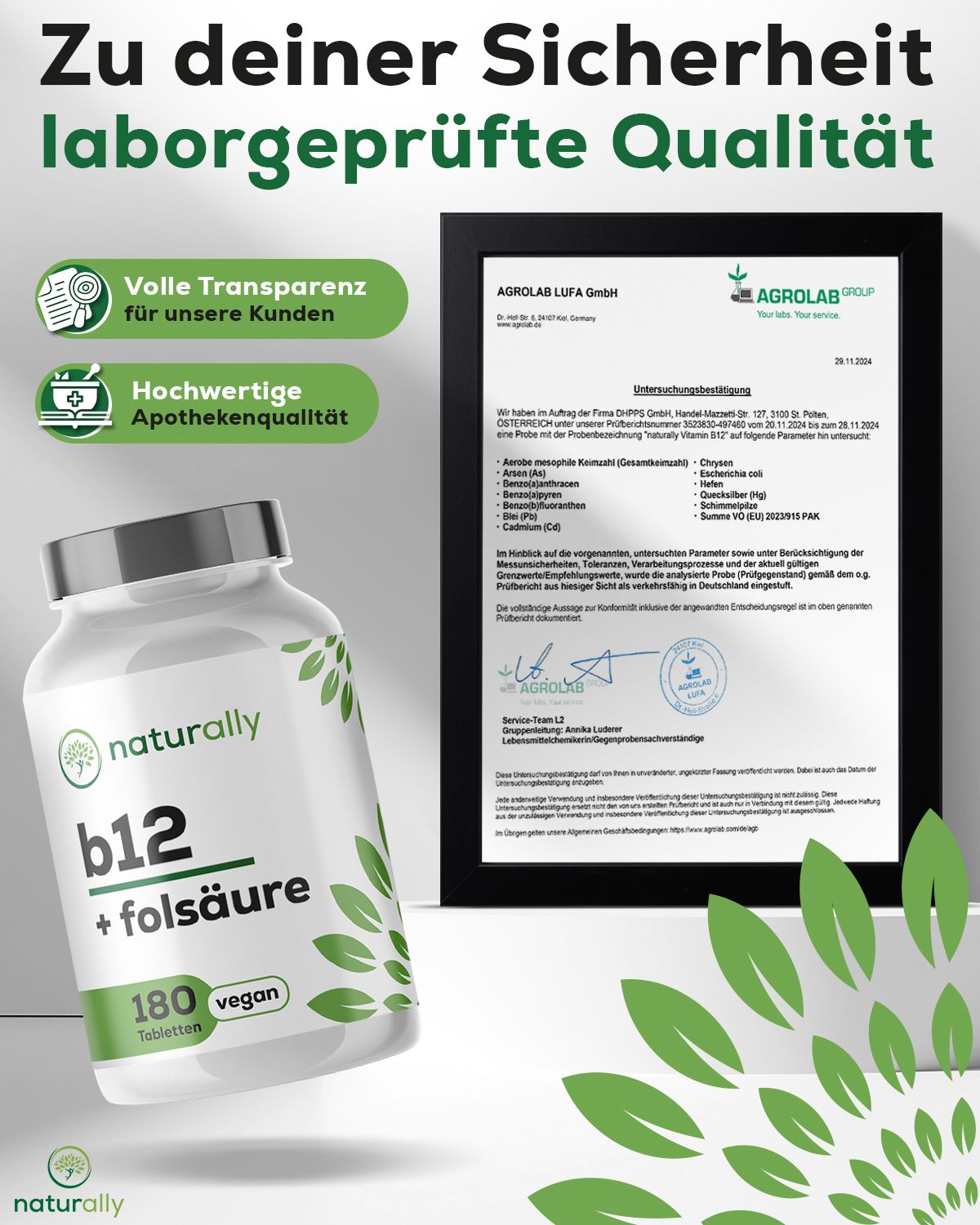 Tablettenflasche mit Zertifikat und Text. Aufschrift: naturally, b12 + folsäure, 180 Tabletten, vegan.