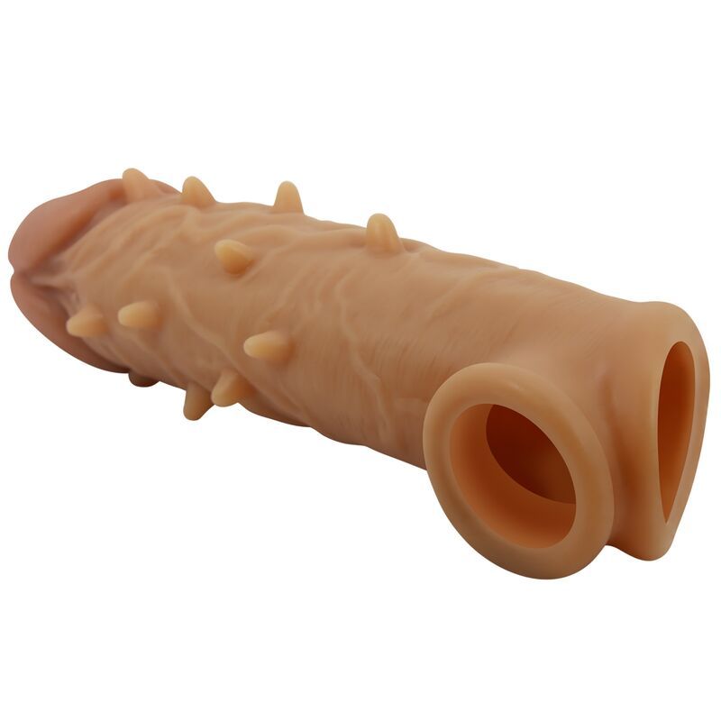 Penishülle mit Noppen und Hodensackring. Hautfarbenes Silikon. Geformt für den Penis. Zwei Öffnungen.