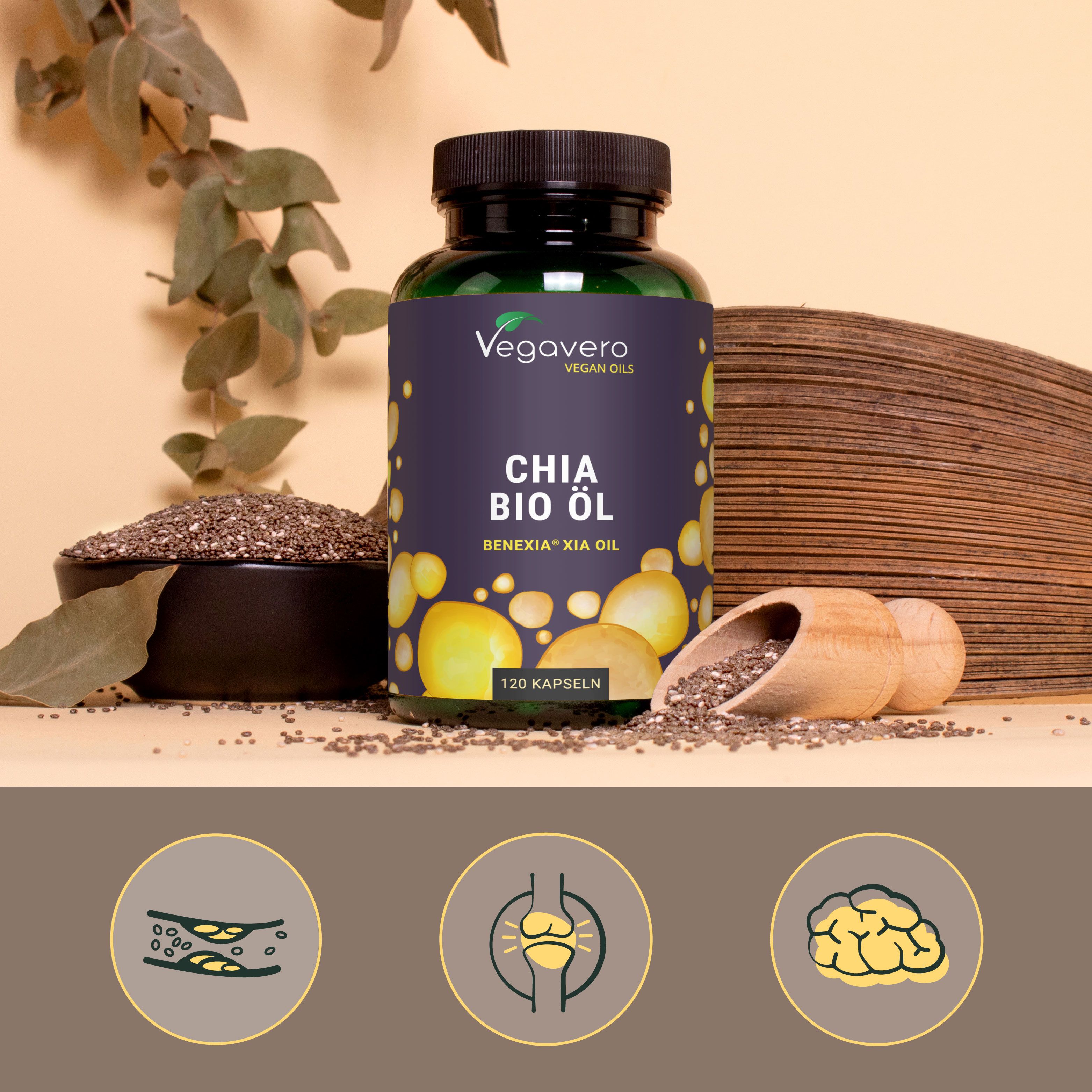 Grüne Flasche mit Kapseln. Chia Bio-Öl. Chia-Samen und Holzschaufel. Marke: Vegavero.