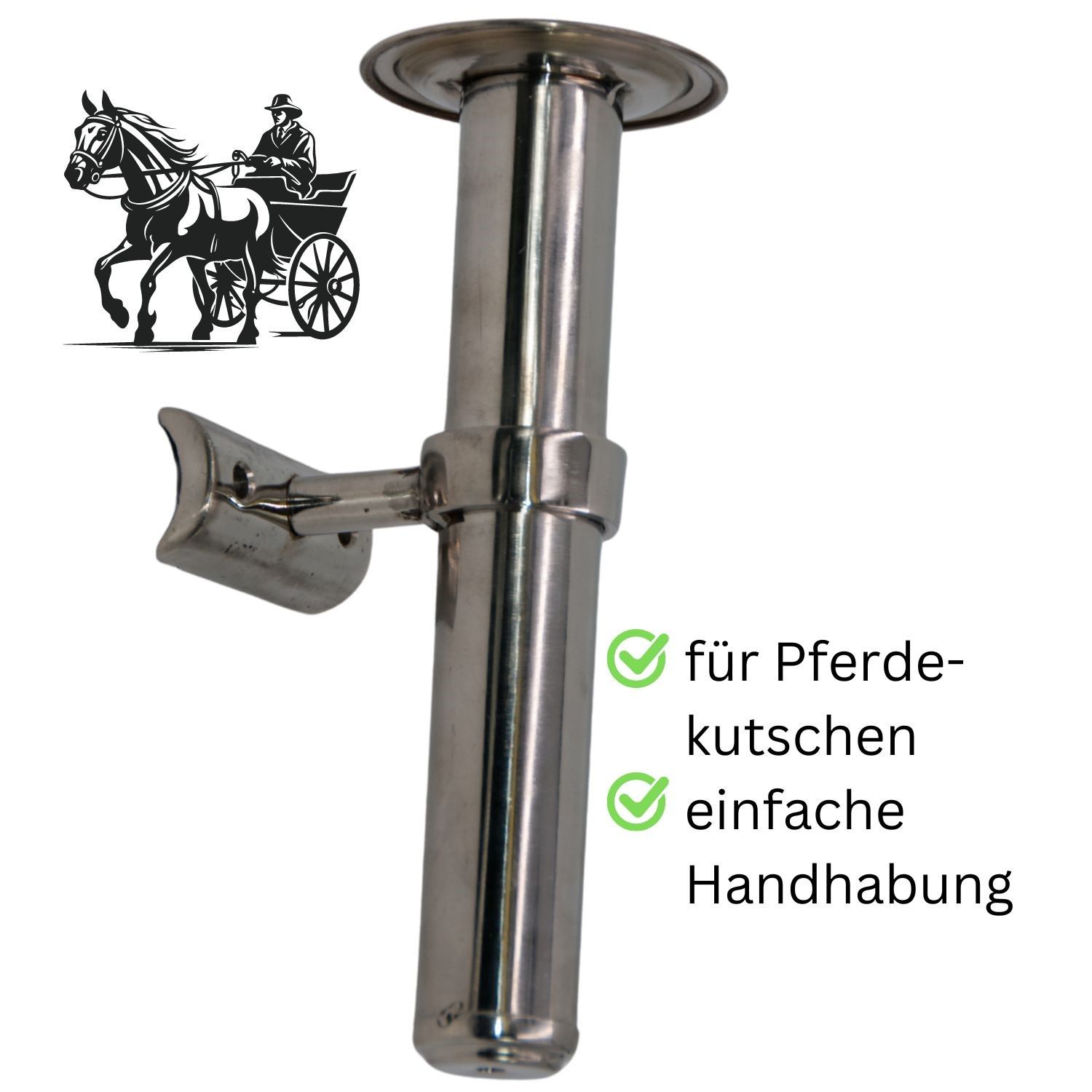 Metallhalterung für Peitsche. Zylindrische Form mit Halterung. Text: für Pferdekutschen, einfache Handhabung. Abbildung einer Kutsche.