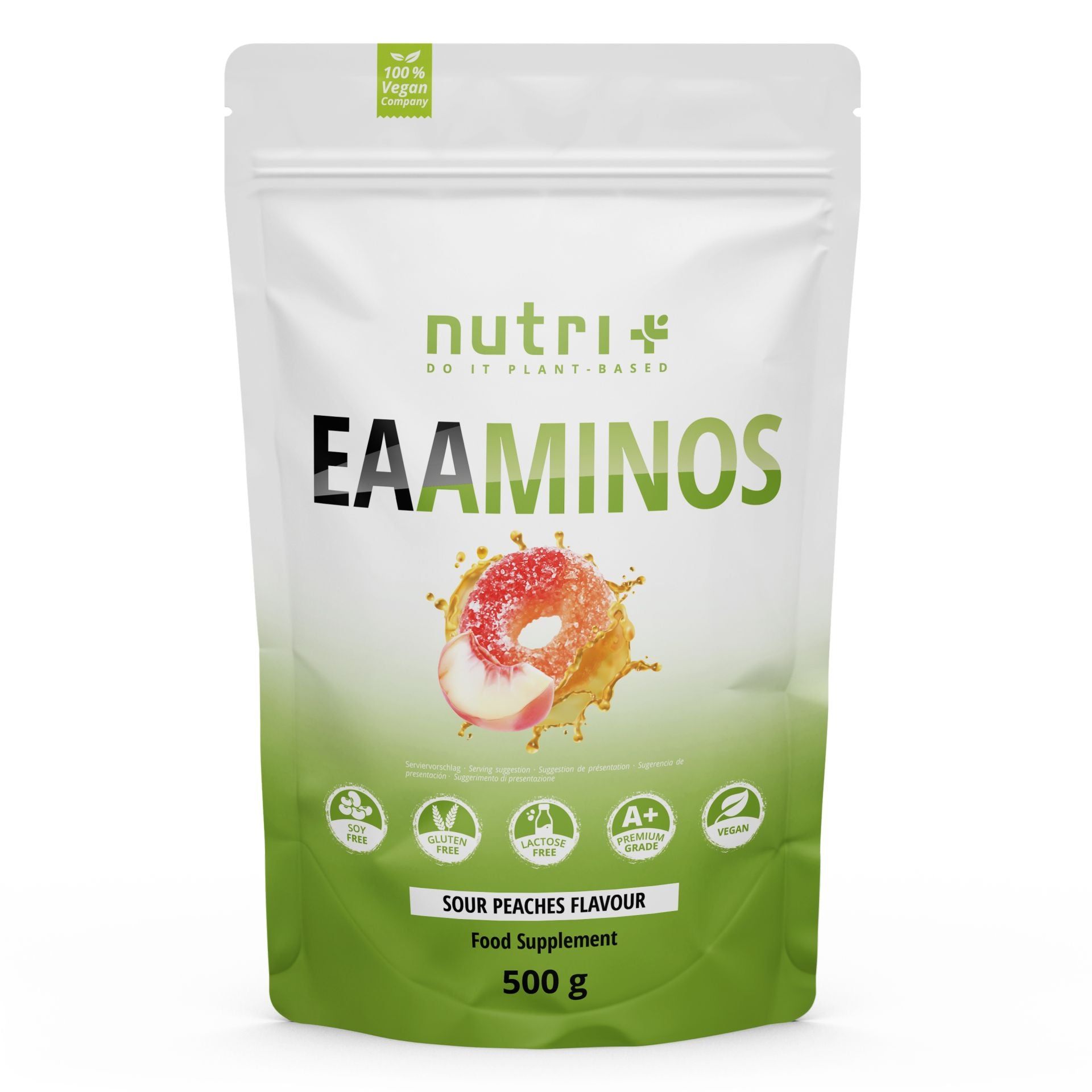 Weiße Standbodenbeutel mit nutri+ EAAMINOS Schriftzug, Sour Peaches Geschmack, 500g.
