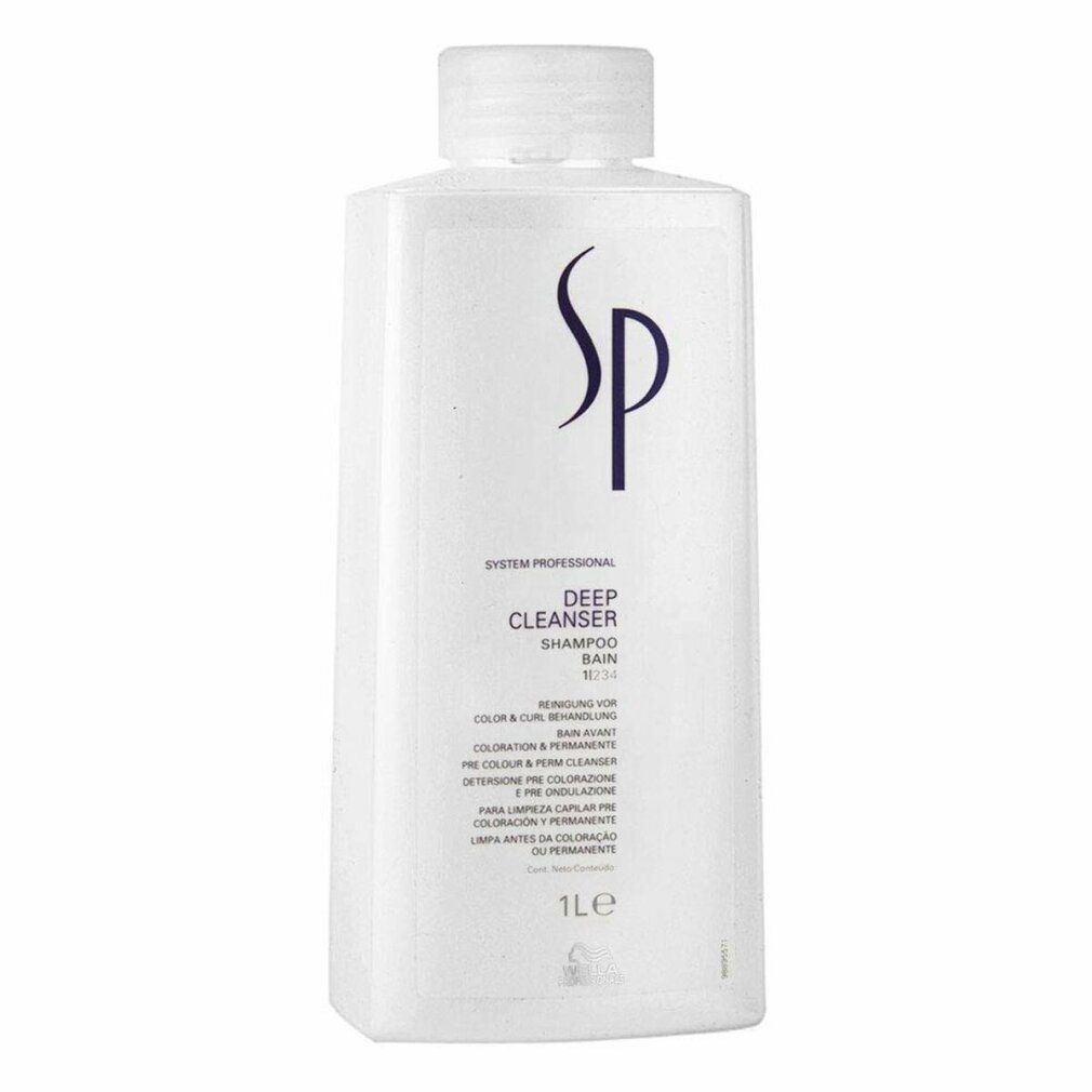 Weißes Shampoo-Flakon mit SP-Logo. Bezeichnung: Deep Cleanser Shampoo. Text für Coloration & Dauerwelle. 1L.