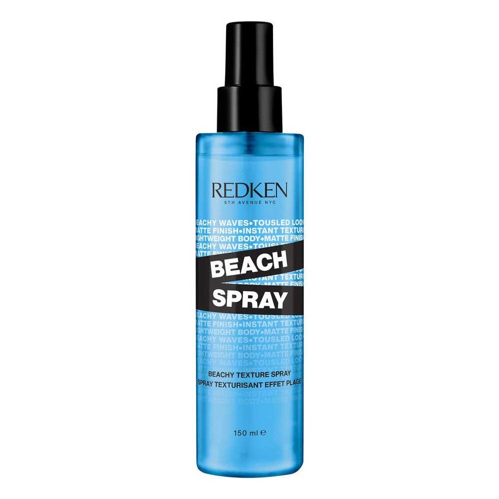 Blaue Sprühflasche mit schwarzem Sprühkopf. Text: Redken, Beach Spray, 150 ml. Text: Beachy waves, tousled look, instant texture.