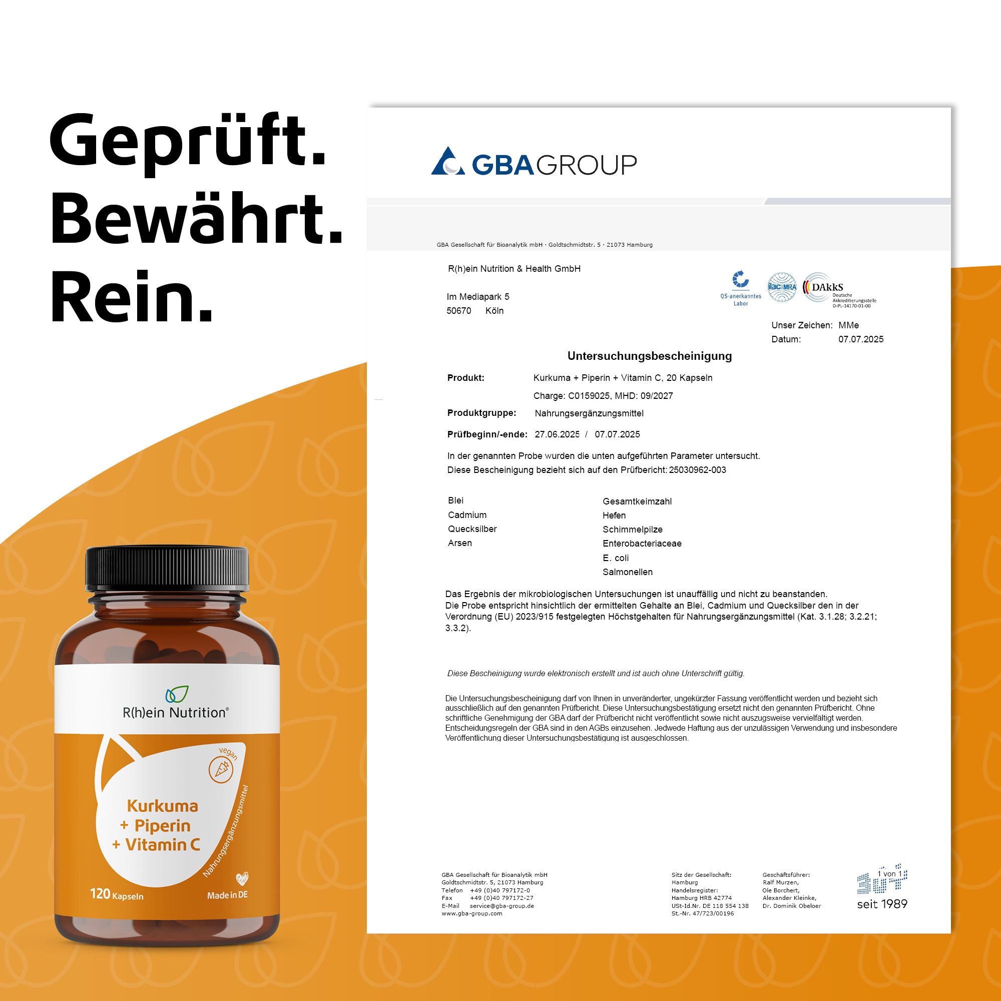 Braune Flasche mit Etikett.  Zertifikat der GBA Group.  Text: Geprüft. Bewährt. Rein.