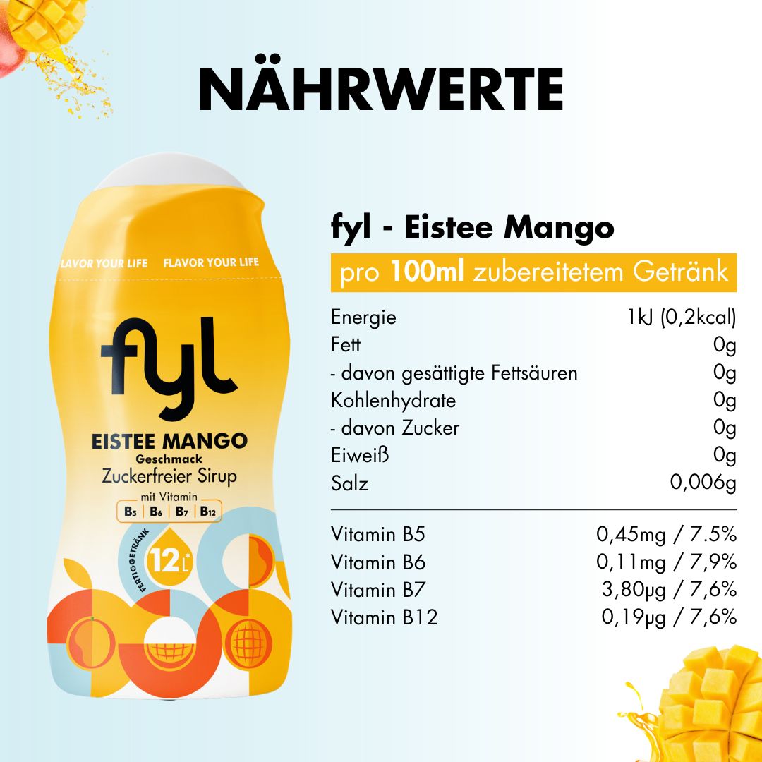 fyl Eistee Mango Sirup mit Nährwertangaben pro 100ml: Energie, Fett, Kohlenhydrate, Eiweiß, Salz, Vitamine.