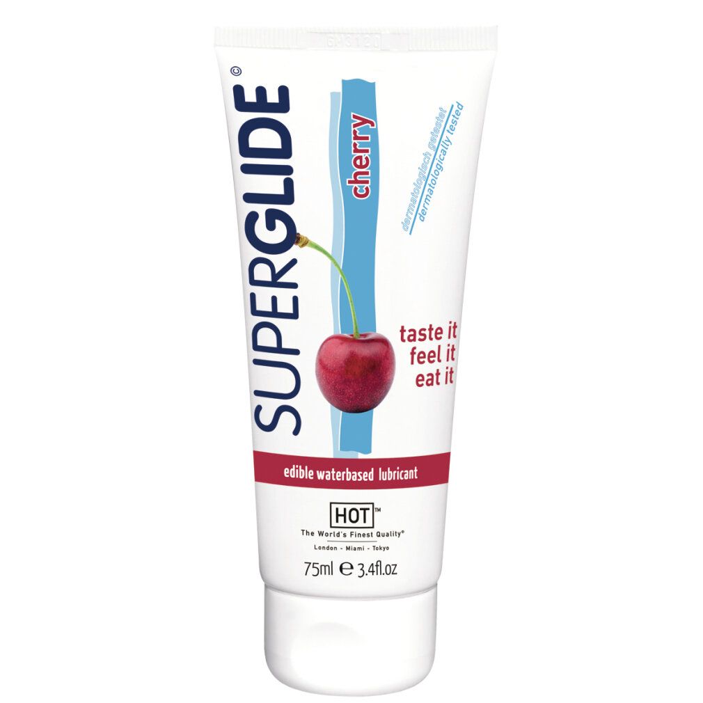 Tube mit Superglide, Kirschgeschmack. Enthält 75ml. Dermatologisch getestet. Essbares Gleitmittel.