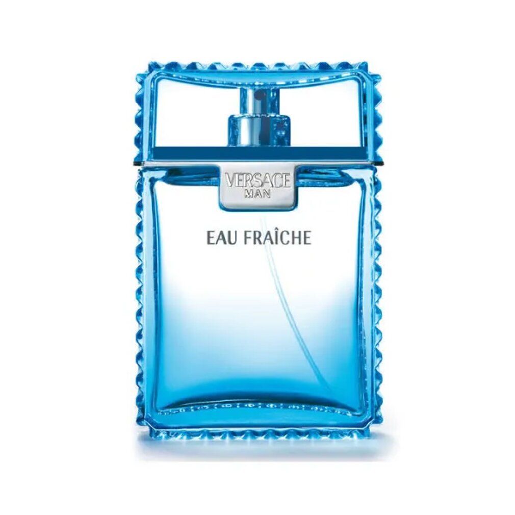 Hellblaues Parfümflakon mit silbernem Verschluss. Schriftzug: Versace Man Eau Fraiche.