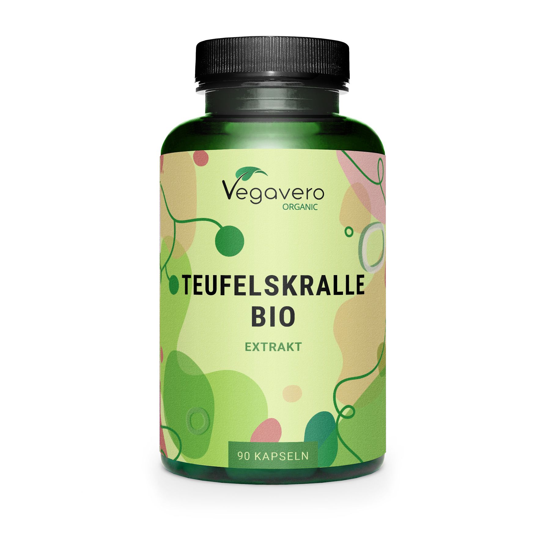 Grüne Flasche mit schwarzen Deckel. Aufschrift: Teufelskralle BIO Extrakt. 90 Kapseln. Vegavaro Organic Logo.