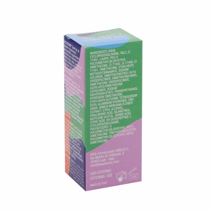 Verpackung von Viscoderm Cover Up Dark. Farbige Schachtel mit Inhaltsangaben und Herstellerinformationen. Text in mehreren Sprachen.