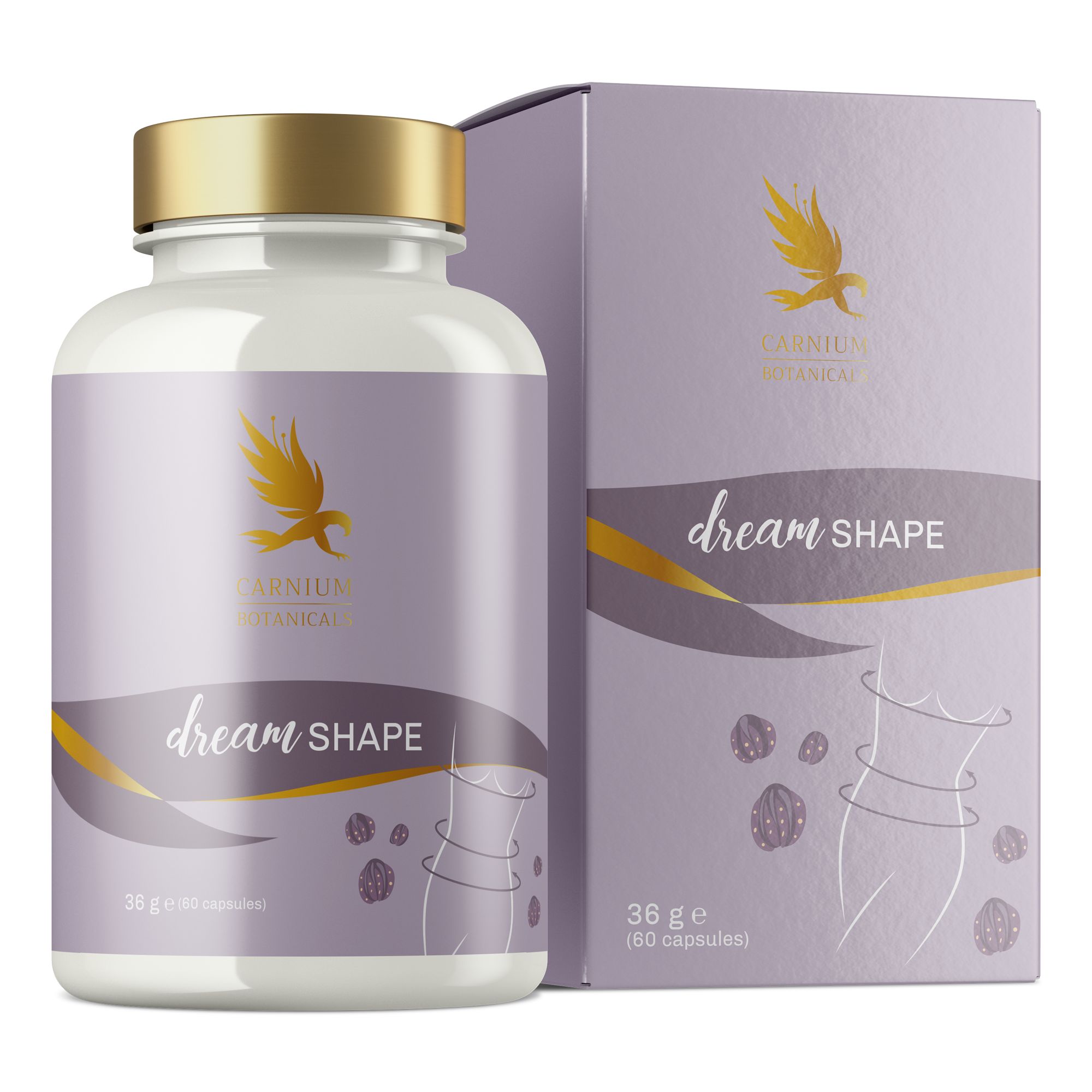 Flasche und Schachtel mit dem Produkt Dream Shape. Aufschrift Dream Shape, Logo und Inhaltsangaben. Lila und goldene Farbtöne.